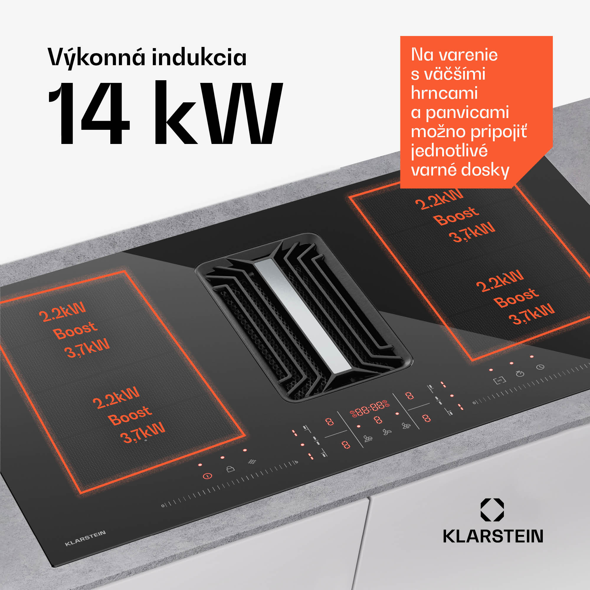 Klarstein AirJet FlexPro Down Air System, Indukčná doska + digestor, Flexi zóna, Booster – Obrázok 3