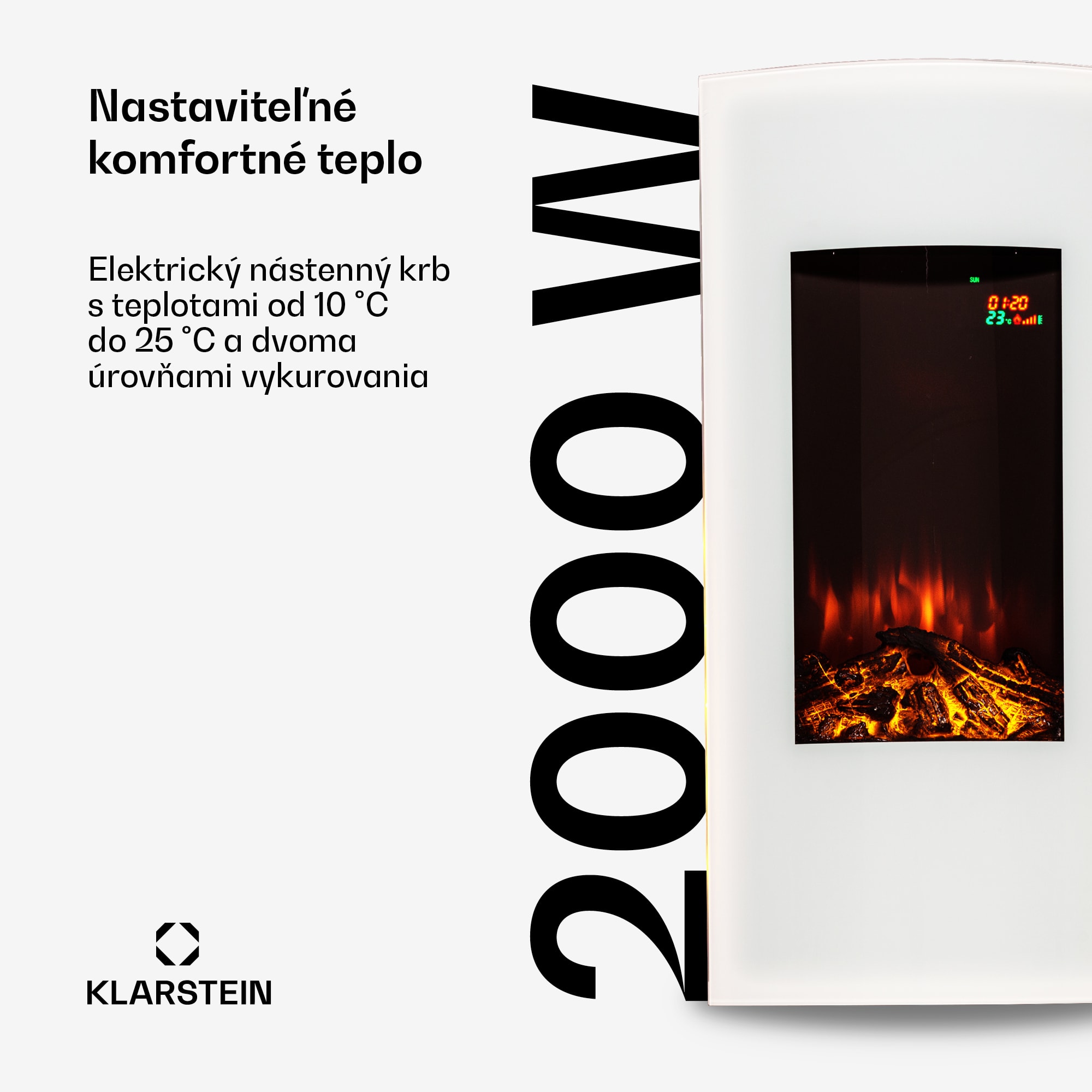 Klarstein Lamington, elektrický krb, 2000 W, LED plameň, teplovzdušný ohrievač, časovač, osvetlenie
