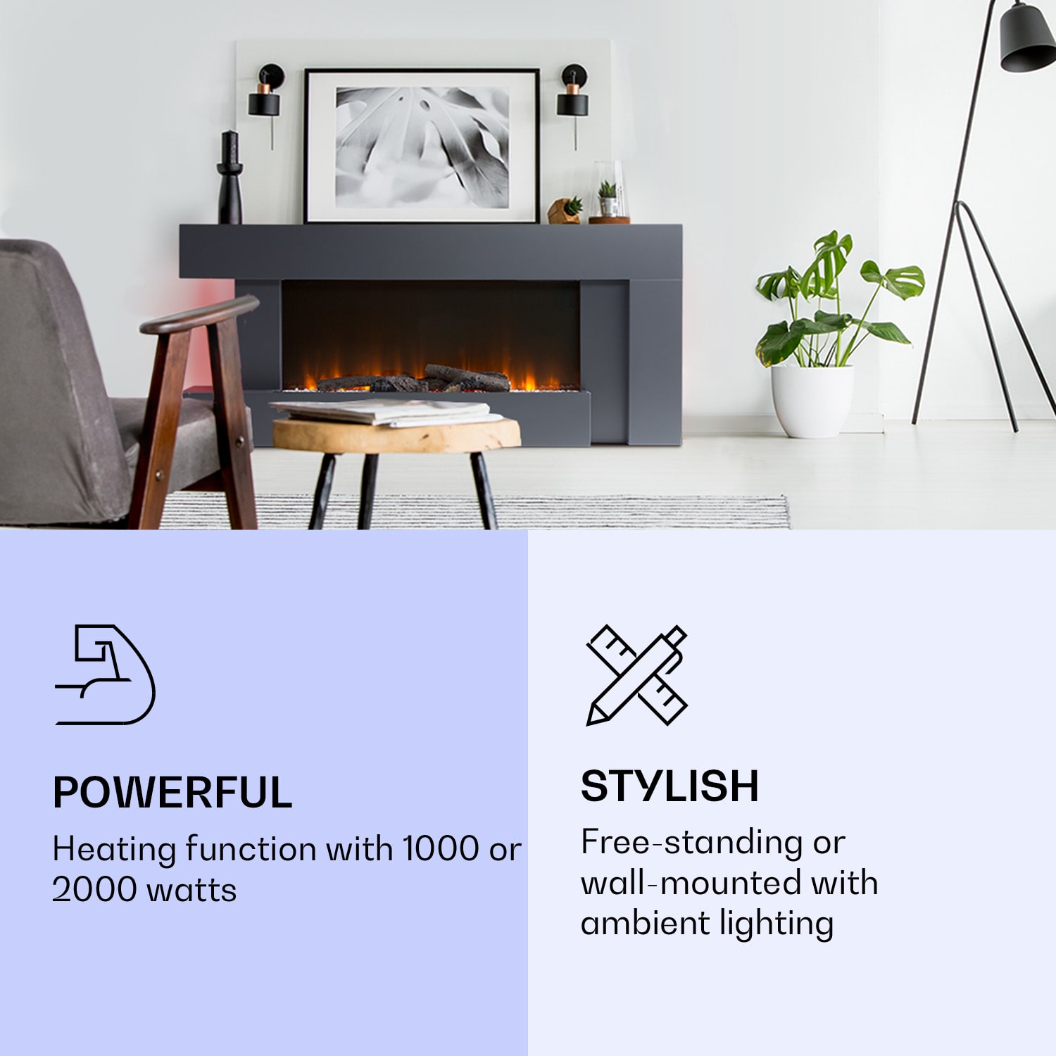 Klarstein Studio Light & Fire 2 Smart, krb, 1000/2000 W, MDF, WiFi Control – Obrázok 2