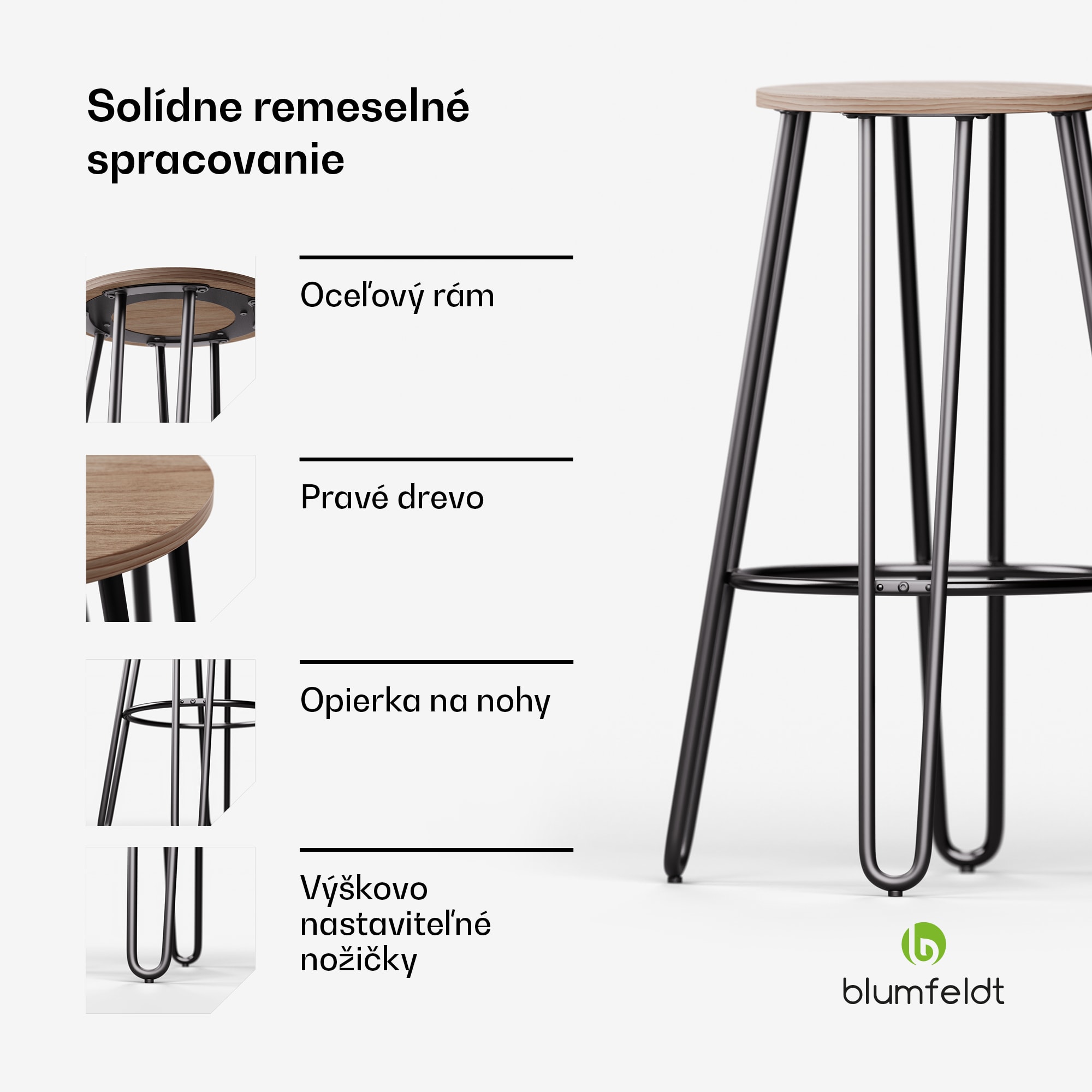Blumfeldt Bistro stolička Hamilton 1 ks. Ø33cm Drevený oceľový rám – Obrázok 3