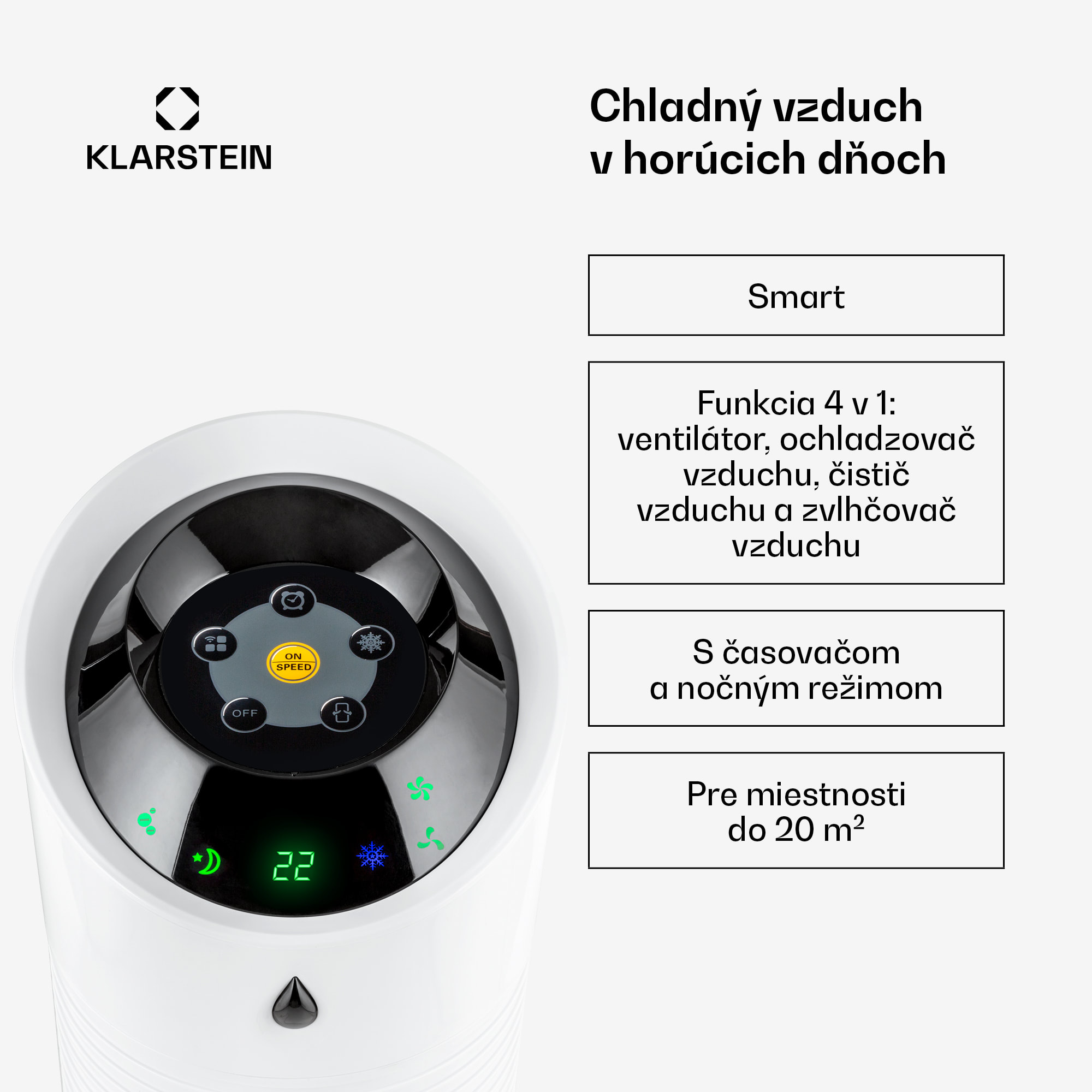 Klarstein Skyscraper Ice, 4 v 1 ochladzovač vzduchu, ventilátor, čistička vzduchu, zvlhčovač, 45 W, 180 m³/h, oscilácia, mobilný, diaľkové ovládanie