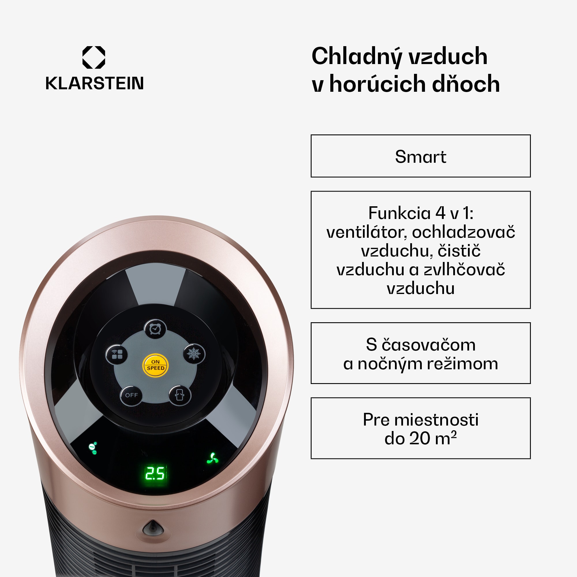 Klarstein Skyscraper Ice, 4 v 1 ochladzovač vzduchu, ventilátor, čistička vzduchu, zvlhčovač, 45 W, 210 m³/h, oscilácia, mobilný, diaľkové ovládanie