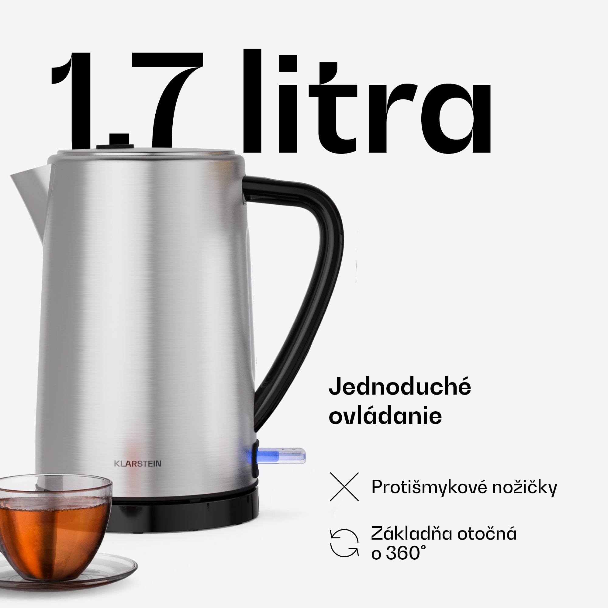 Klarstein Verosteel rýchlovarná kanvica | 1,7 litra | 2200 W | Základňa otočná o 360° | Moderný dizajn z nehrdzavejúcej ocele – Obrázok 3