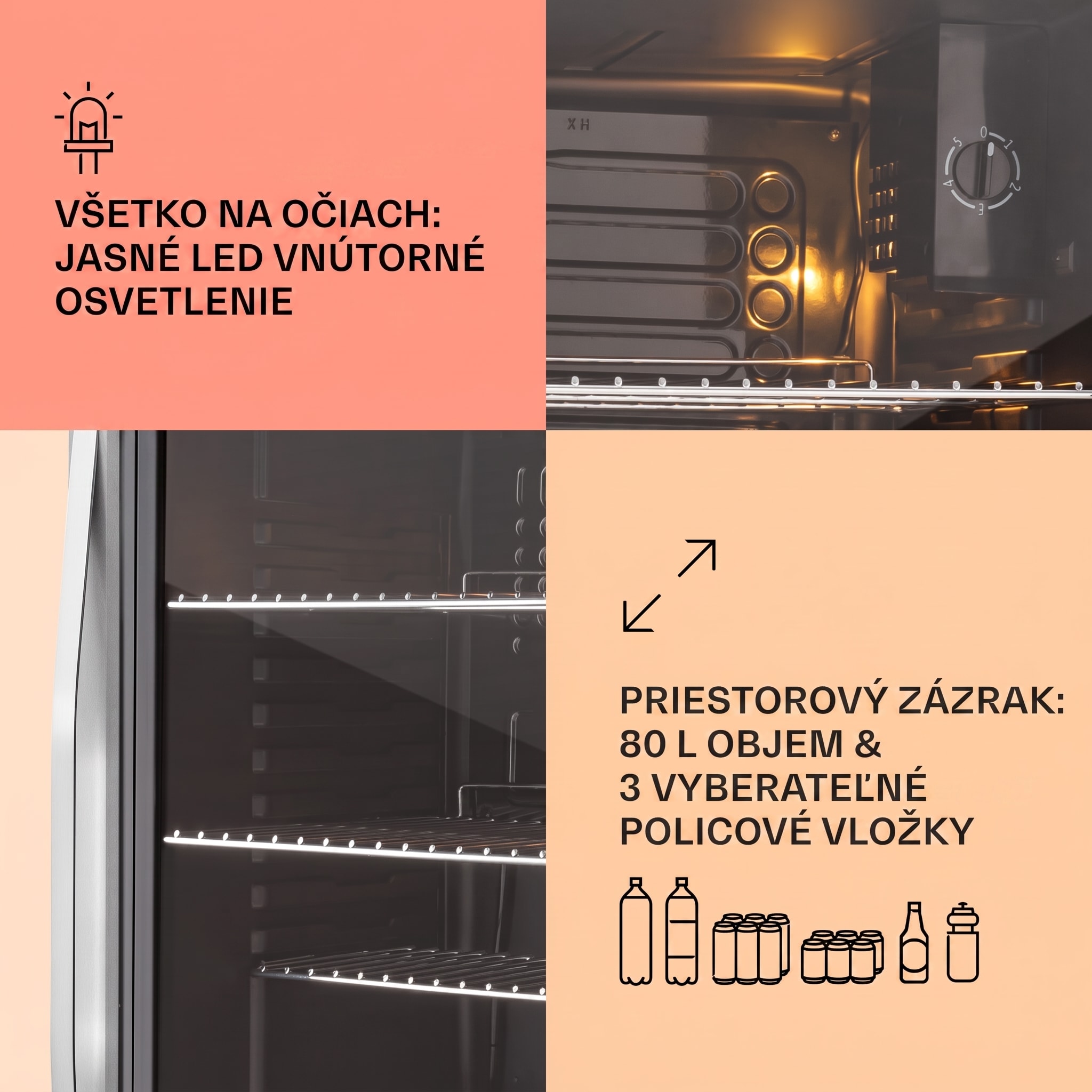 Klarstein Beersafe XXL, chladnička, 80 l, 3 police, energet. trieda E, panoramatické sklenené dvierka – Obrázok 3