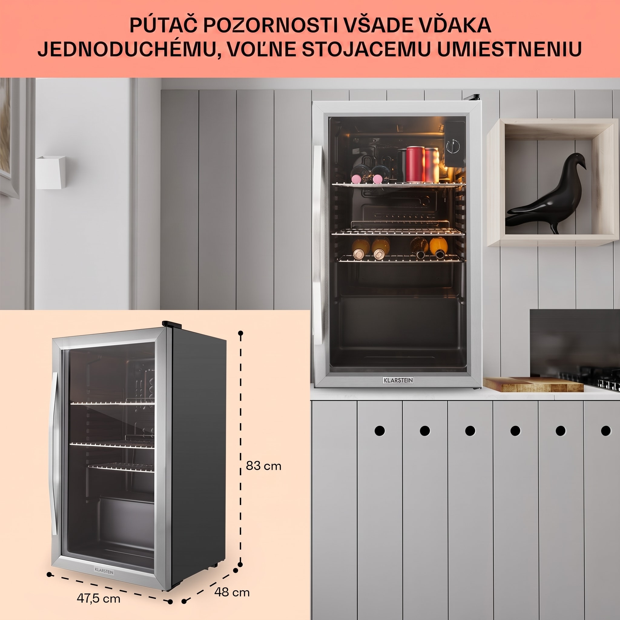Klarstein Beersafe XXL, chladnička, 80 l, 3 police, energet. trieda E, panoramatické sklenené dvierka – Obrázok 5
