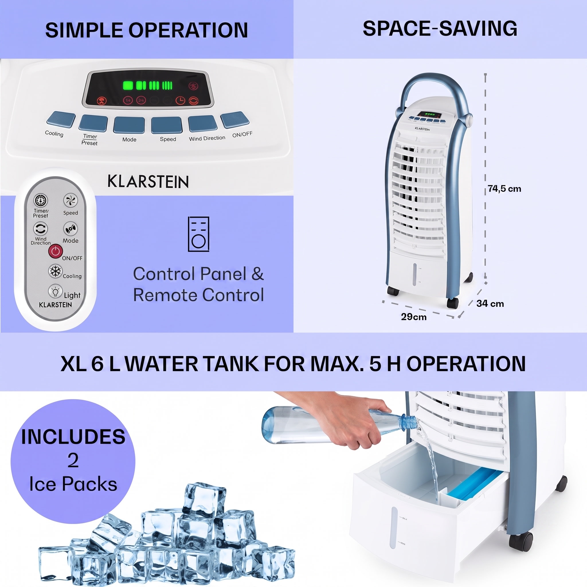 Klarstein Maxfresh, 3 v 1 ochladzovač vzduchu, ventilátor, 65 W, 6 l, diaľkový ovládač, 2 x chladiaci box – Obrázok 5