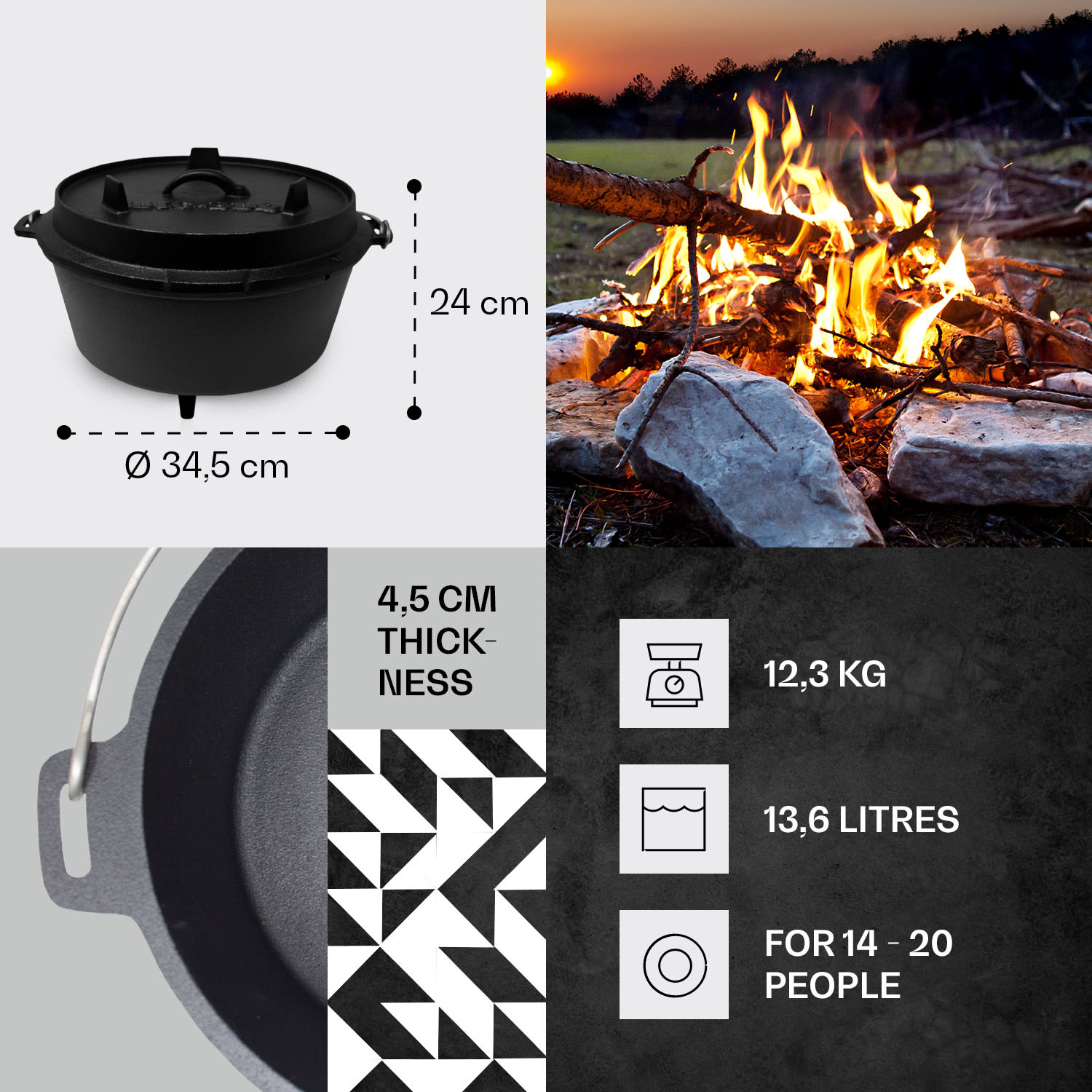 Klarstein Guernsey, prémiový liatinový hrniec, 12.0 barbecue hrniec, liatina, nožičky, veľkosť XL/13,6 l – Obrázok 3