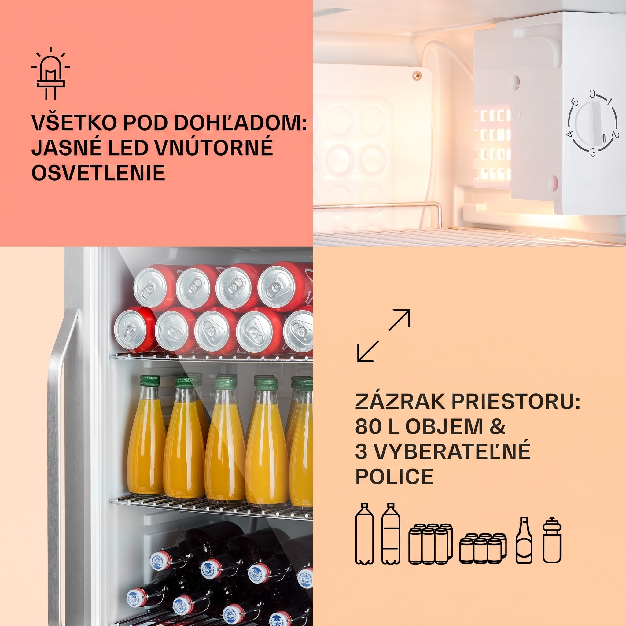Klarstein Beersafe XXL Crystal White, chladnička, energet. trieda E, LED, 3 kovové police, panoramatické sklenené dvierka – Obrázok 3