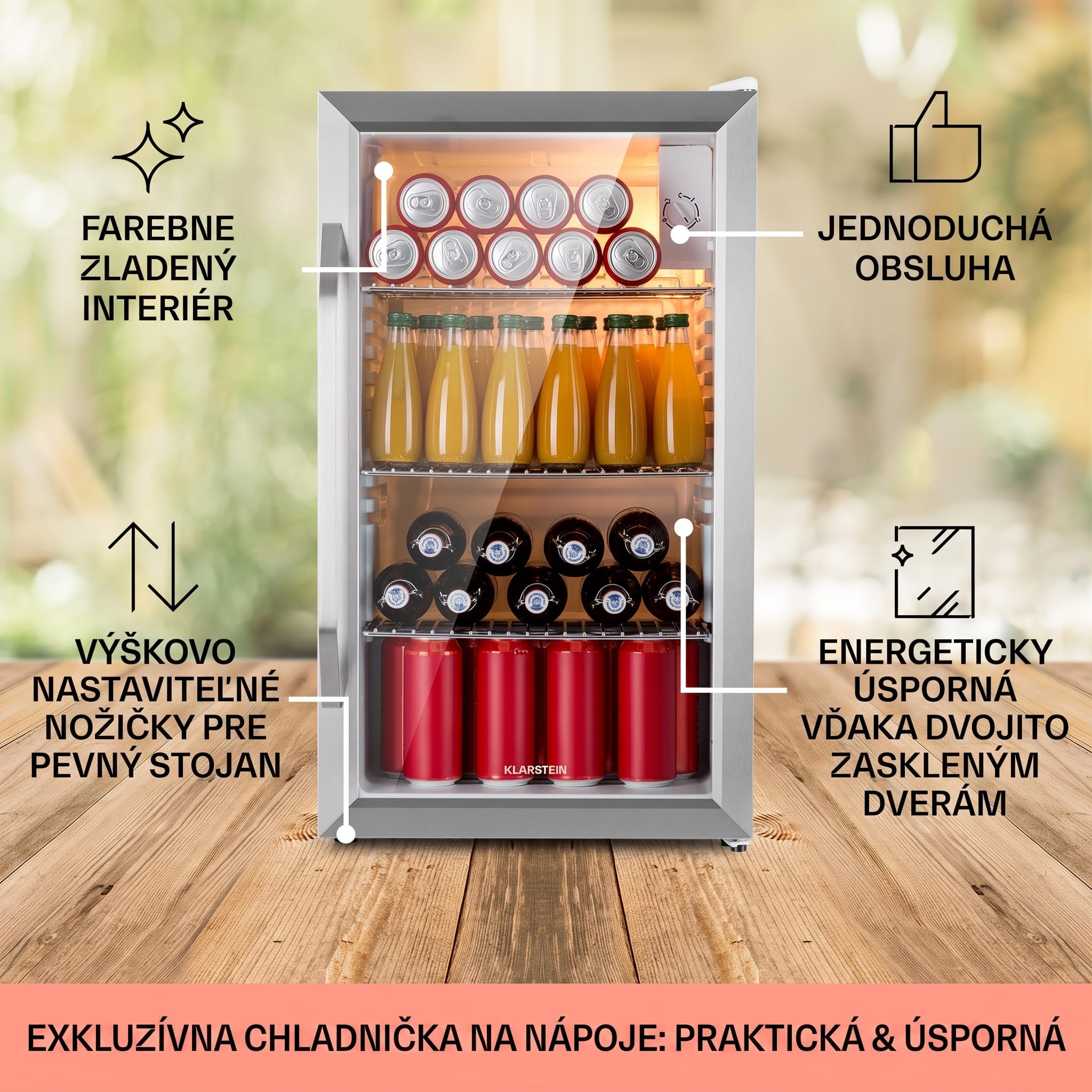 Klarstein Beersafe XXL Crystal White, chladnička, energet. trieda E, LED, 3 kovové police, panoramatické sklenené dvierka – Obrázok 4