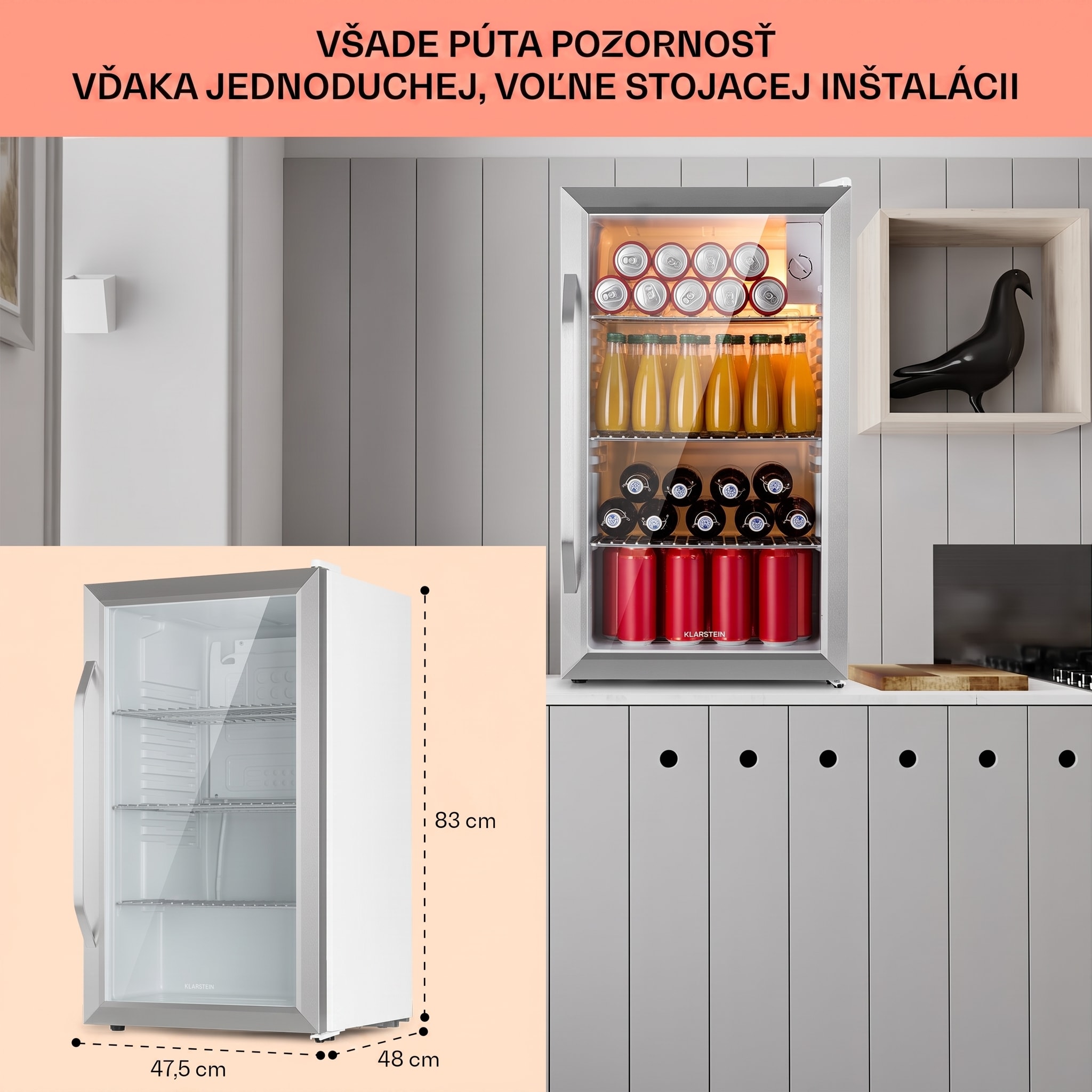 Klarstein Beersafe XXL Crystal White, chladnička, energet. trieda E, LED, 3 kovové police, panoramatické sklenené dvierka – Obrázok 5