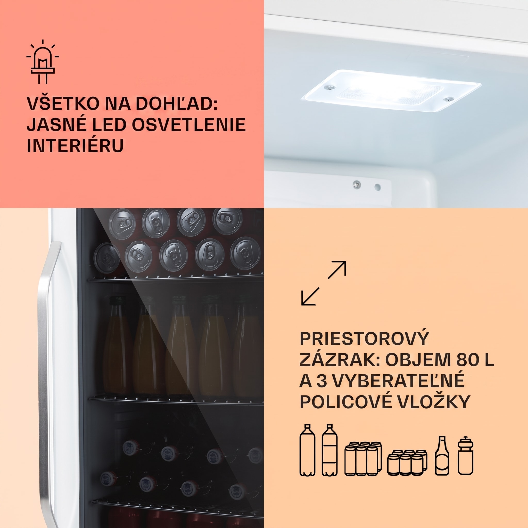 Klarstein Beersafe XXL Quartz, chladnička, energet. trieda E, 3 kovové police, panoramatické sklenené dvierka – Obrázok 3