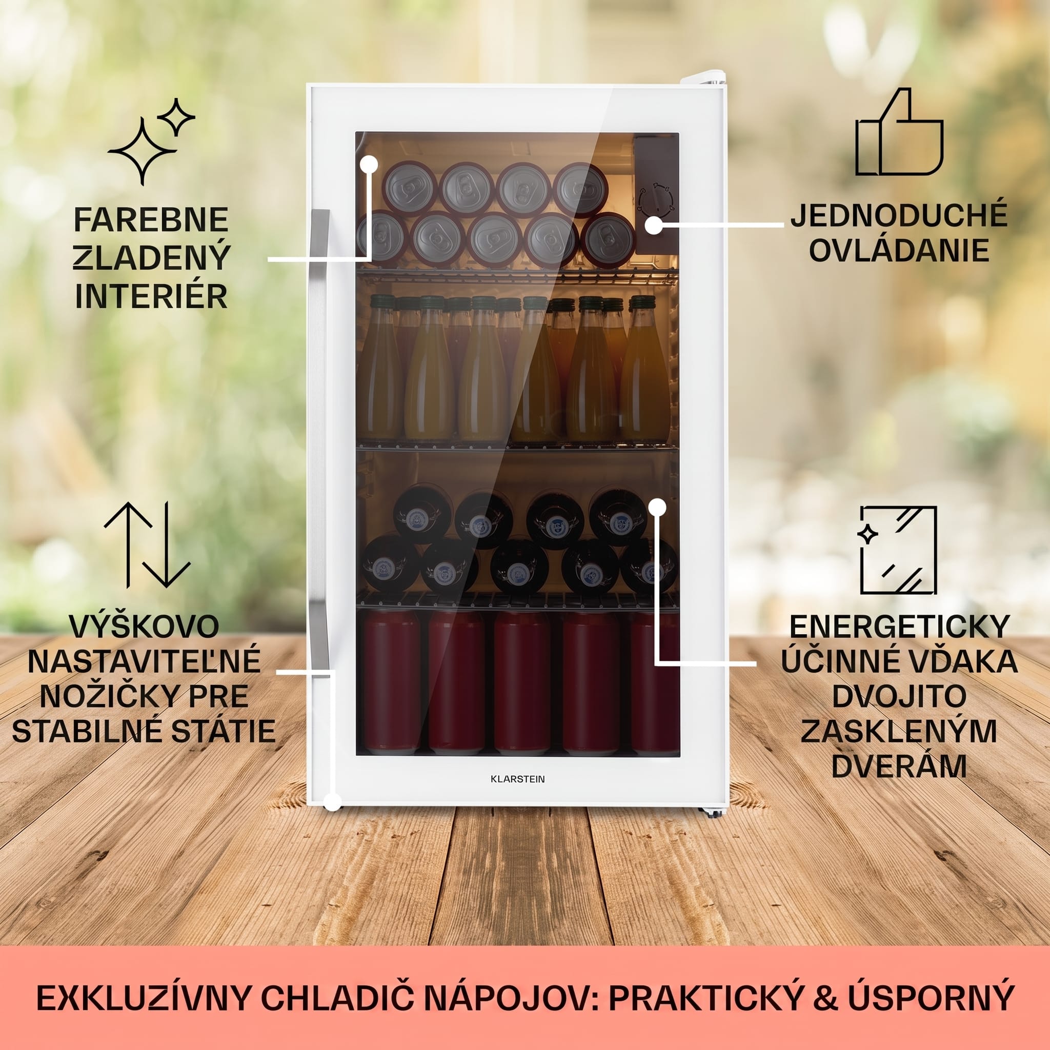 Klarstein Beersafe XXL Quartz, chladnička, energet. trieda E, 3 kovové police, panoramatické sklenené dvierka – Obrázok 4