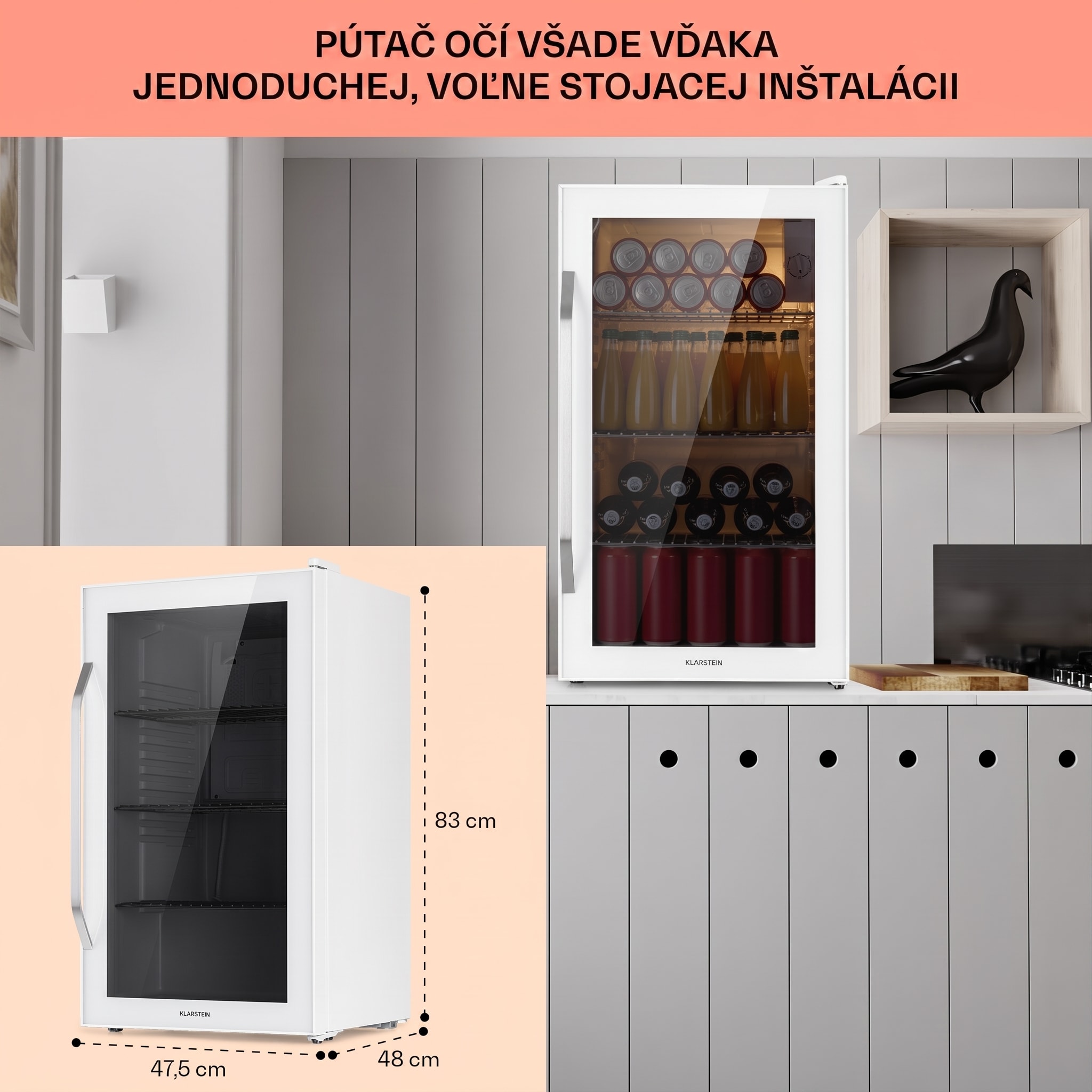 Klarstein Beersafe XXL Quartz, chladnička, energet. trieda E, 3 kovové police, panoramatické sklenené dvierka – Obrázok 5