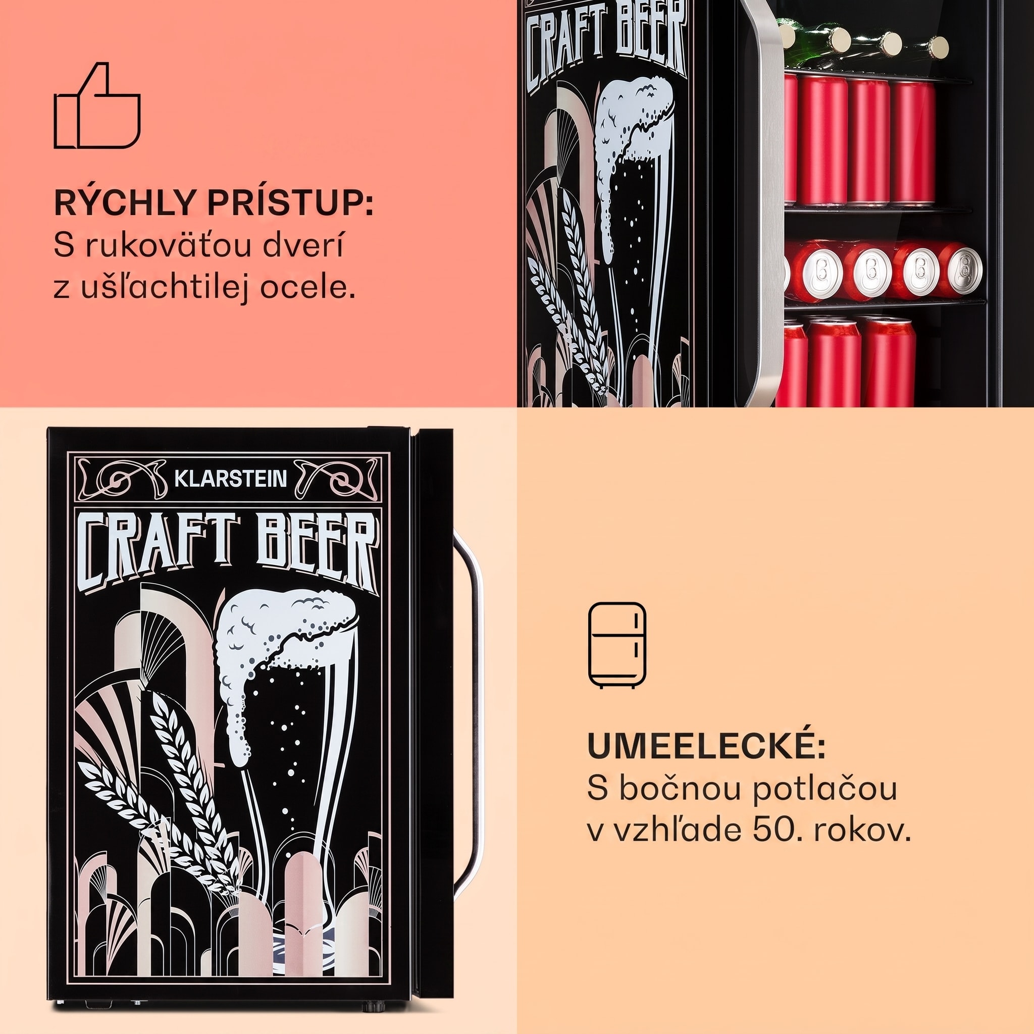 Klarstein Beersafe 70 Craft Beer Edition, chladnička, 70 litrov, sklenené dvere, nehrdzavejúca oceľ – Obrázok 3