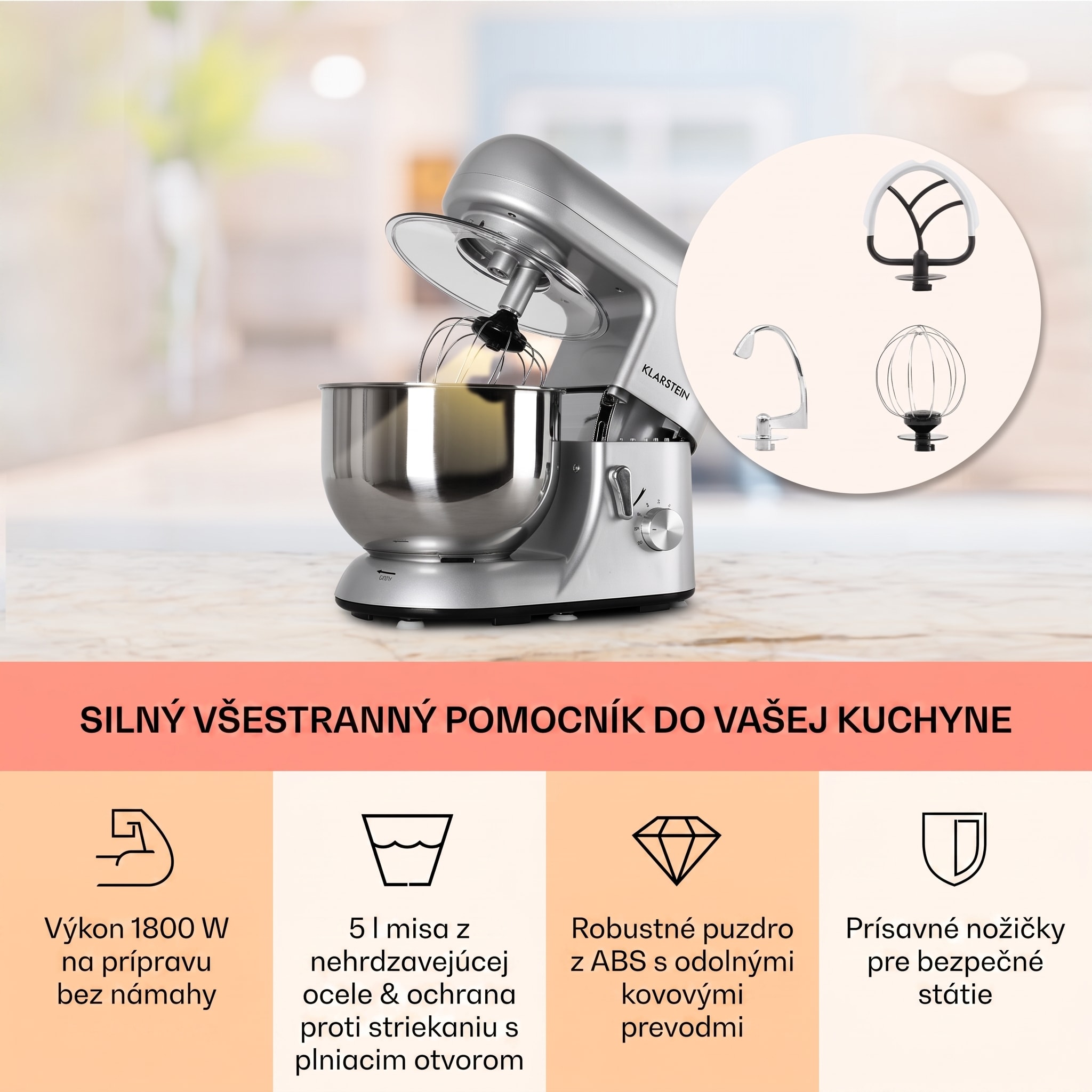 Klarstein Bella, kuchynský robot, 1800 W, 2,7 PS, 5,2 l – Obrázok 2