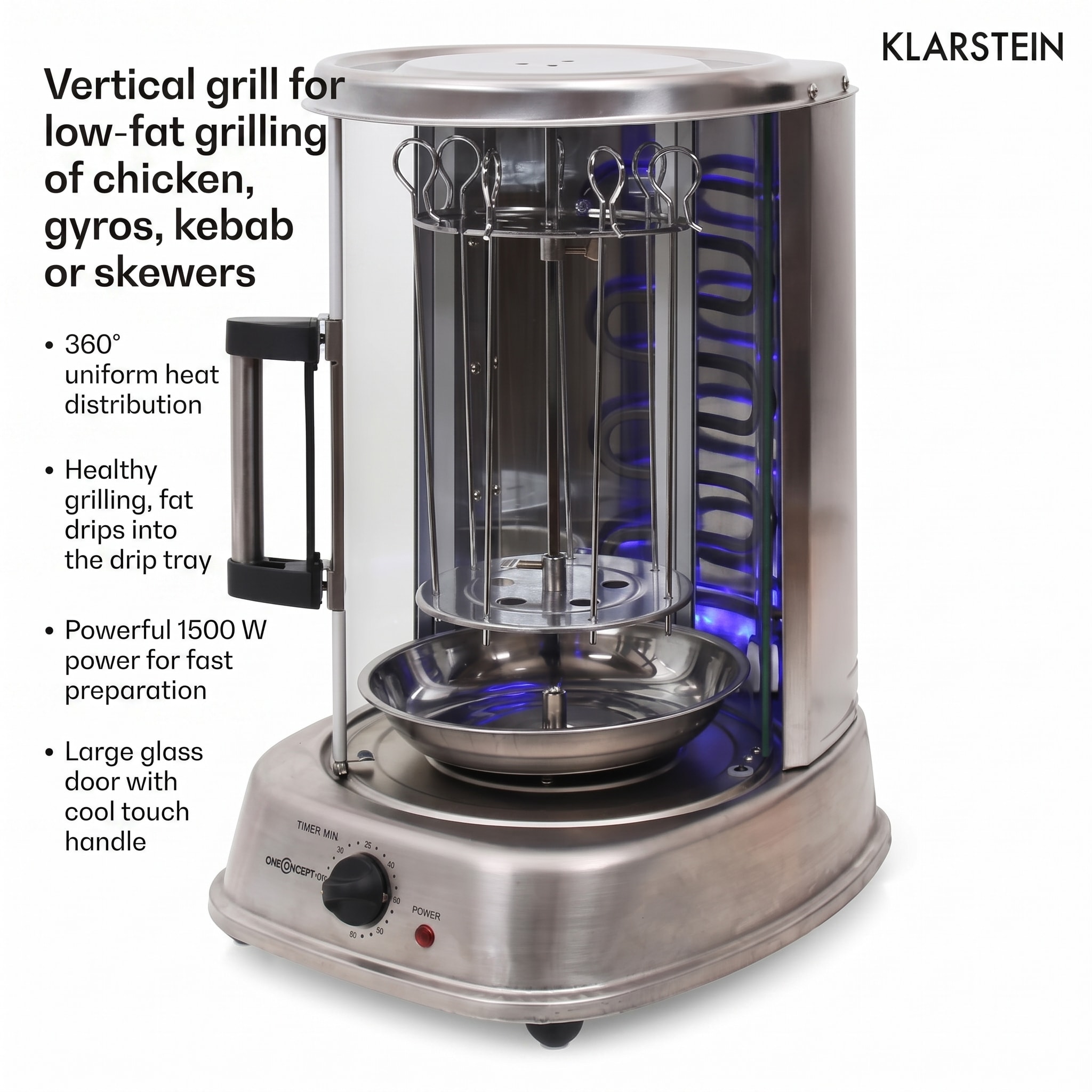 OneConcept Kebap Master Pro, vertikálny gril, 1500 W, strieborný – Obrázok 5