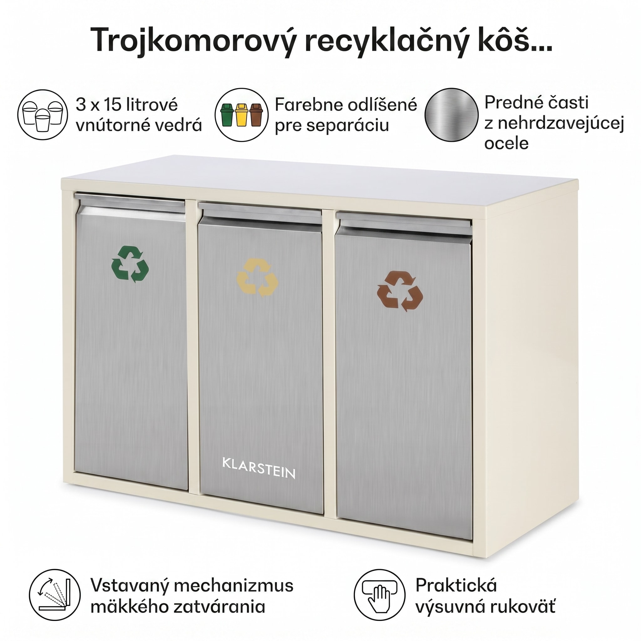 Klarstein Ordnungshütter 3, 45 l, krémovo-béžová, box na triedený odpad, 3 x 15 l – Obrázok 4