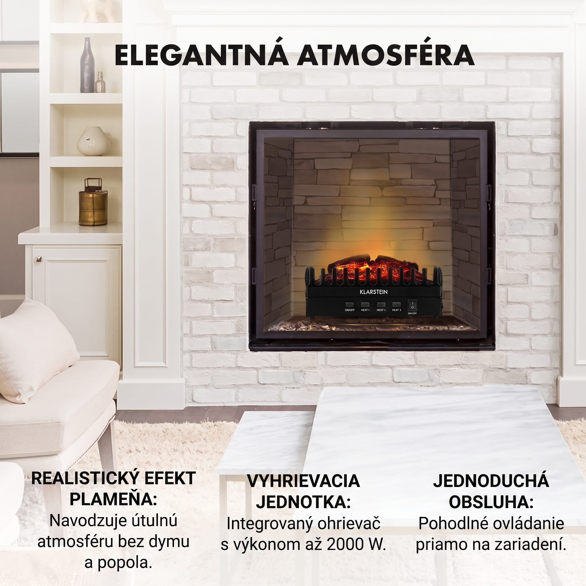 Klarstein Kamini FX, elektrický krb, krbová vložka, 1000/2000 W, 2 W LED, čierny