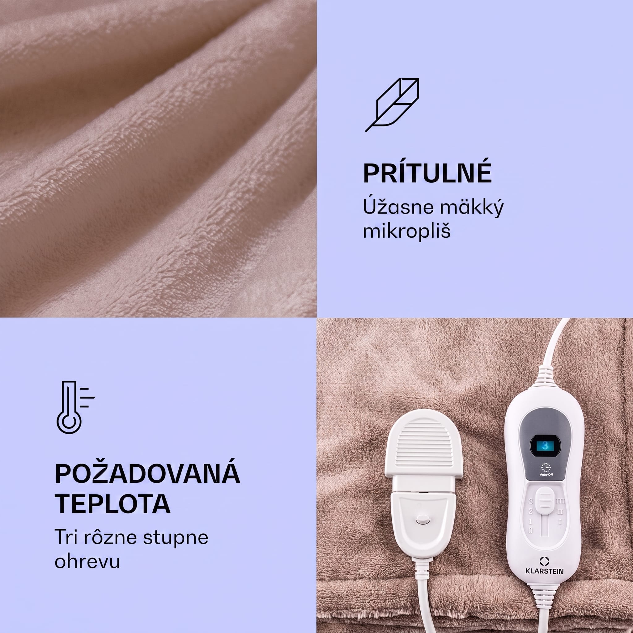 Klarstein Dr. Watson XXL, vyhrievacia deka, 3 stupne ohrevu, prateľná, 200 x 180 cm, mikroplyš – Obrázok 2