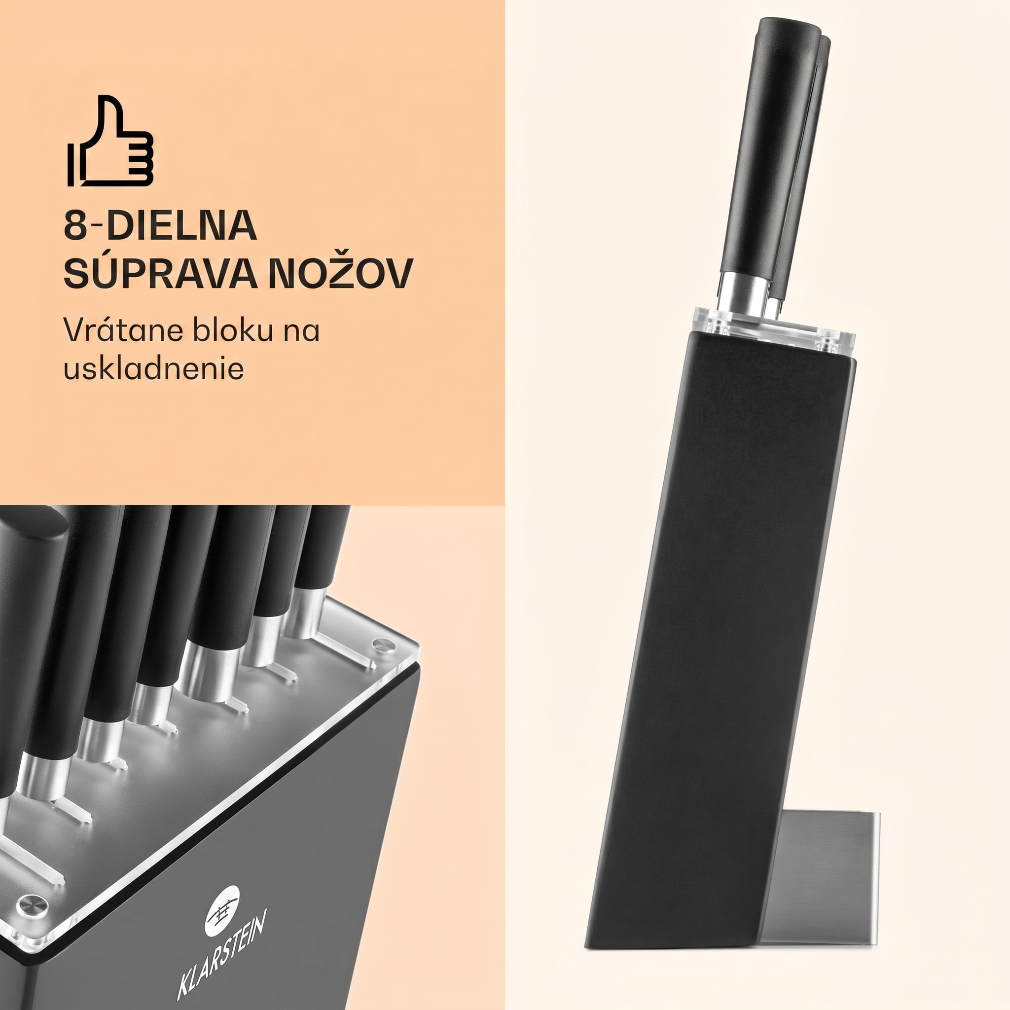Klarstein Kitano, sada nožov s blokom, 8-dielna, 7 nožov, oceľ, luxusný drevený blok – Obrázok 2