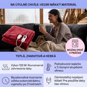 Klarstein Dr. Watson XL, vyhrievacia deka, 120 W, 180 x 130 cm, prateľná, mikroplyš, vínová