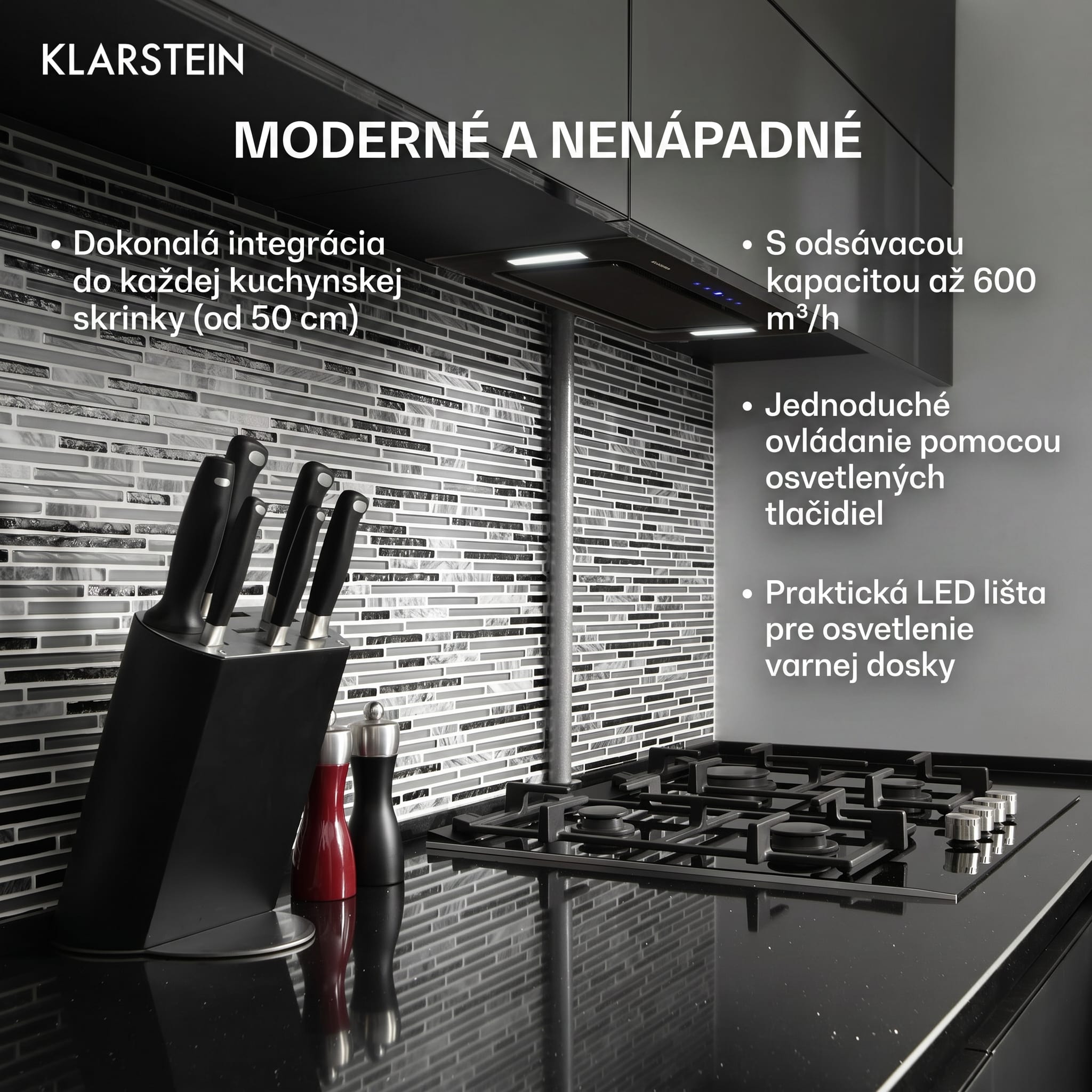 Klarstein Hektor, digestor, 52 cm, vstavaný, 467 m³/h, LED, dotykové ovládanie, sklo, čierny