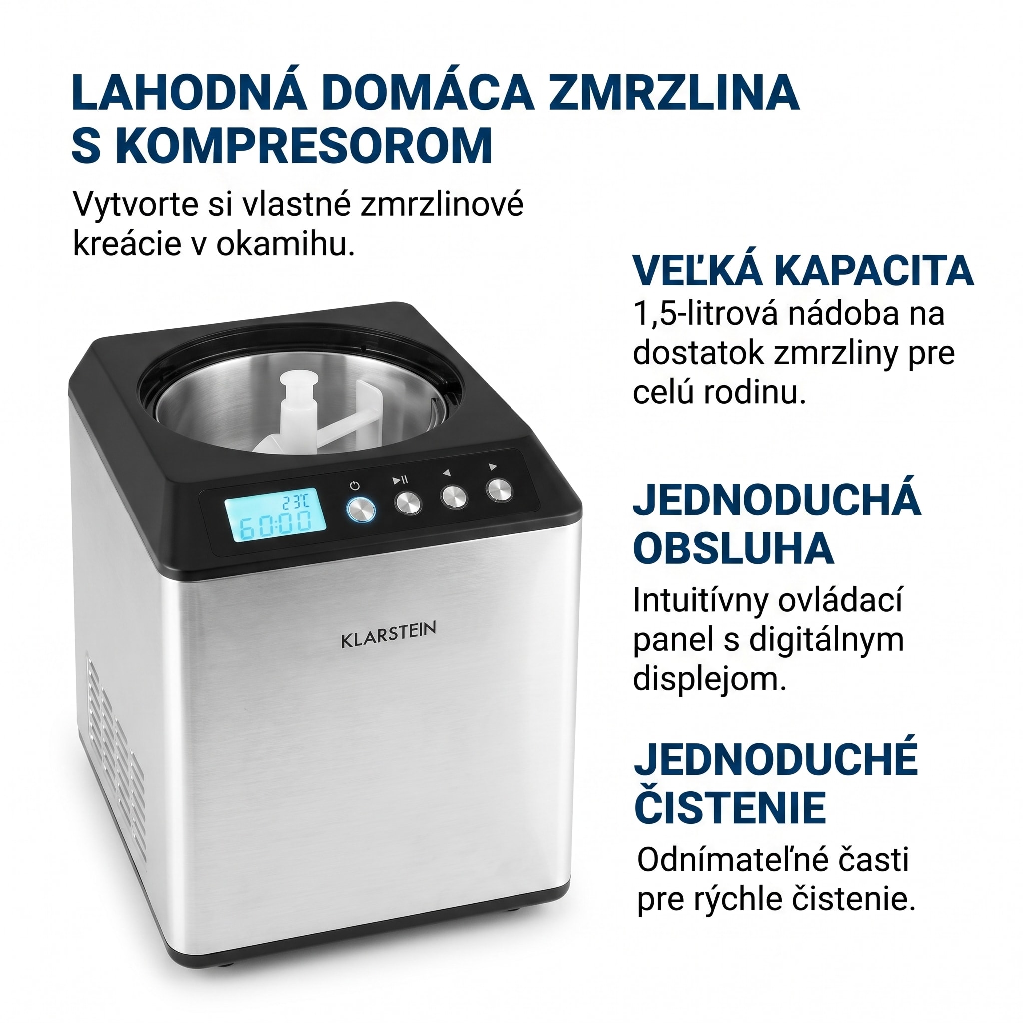 Klarstein Vanilly Sky Family, zmrzlinovač, výrobník zmrzliny a mrazeného jogurtu, 250 W, 2,5 l, strieborný – Obrázok 3
