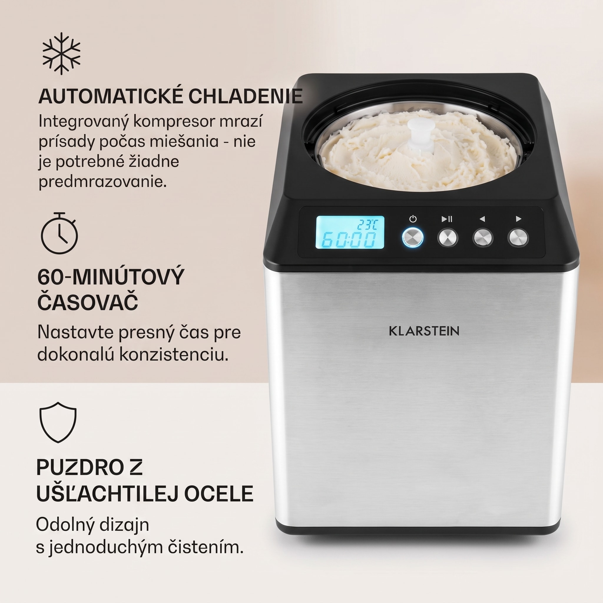 Klarstein Vanilly Sky Family, zmrzlinovač, výrobník zmrzliny a mrazeného jogurtu, 250 W, 2,5 l, strieborný – Obrázok 5