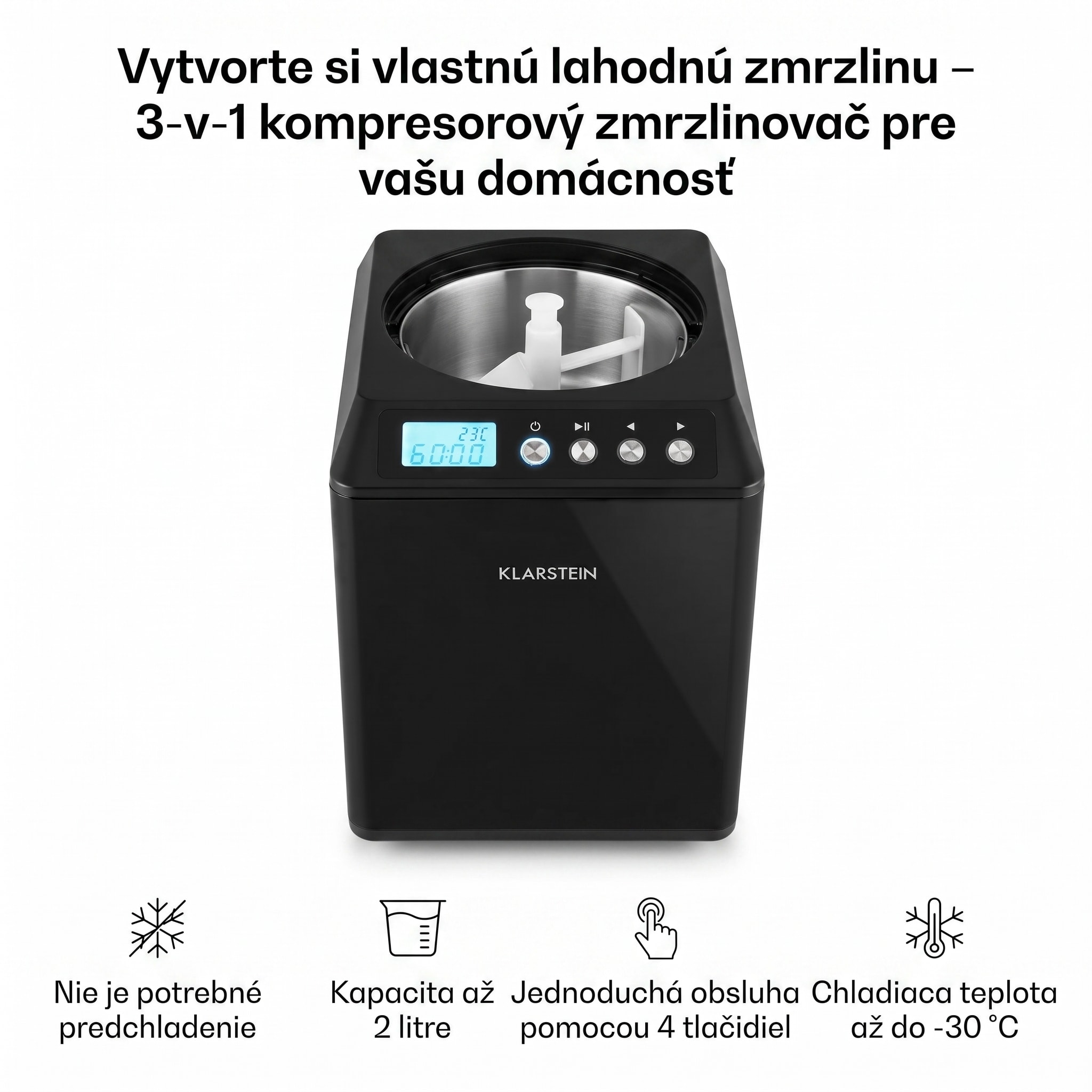 Klarstein Vanilly Sky Family, zmrzlinovač, výrobník zmrzliny a mrazeného jogurtu, 250 W, 2,5 l, čierny – Obrázok 3