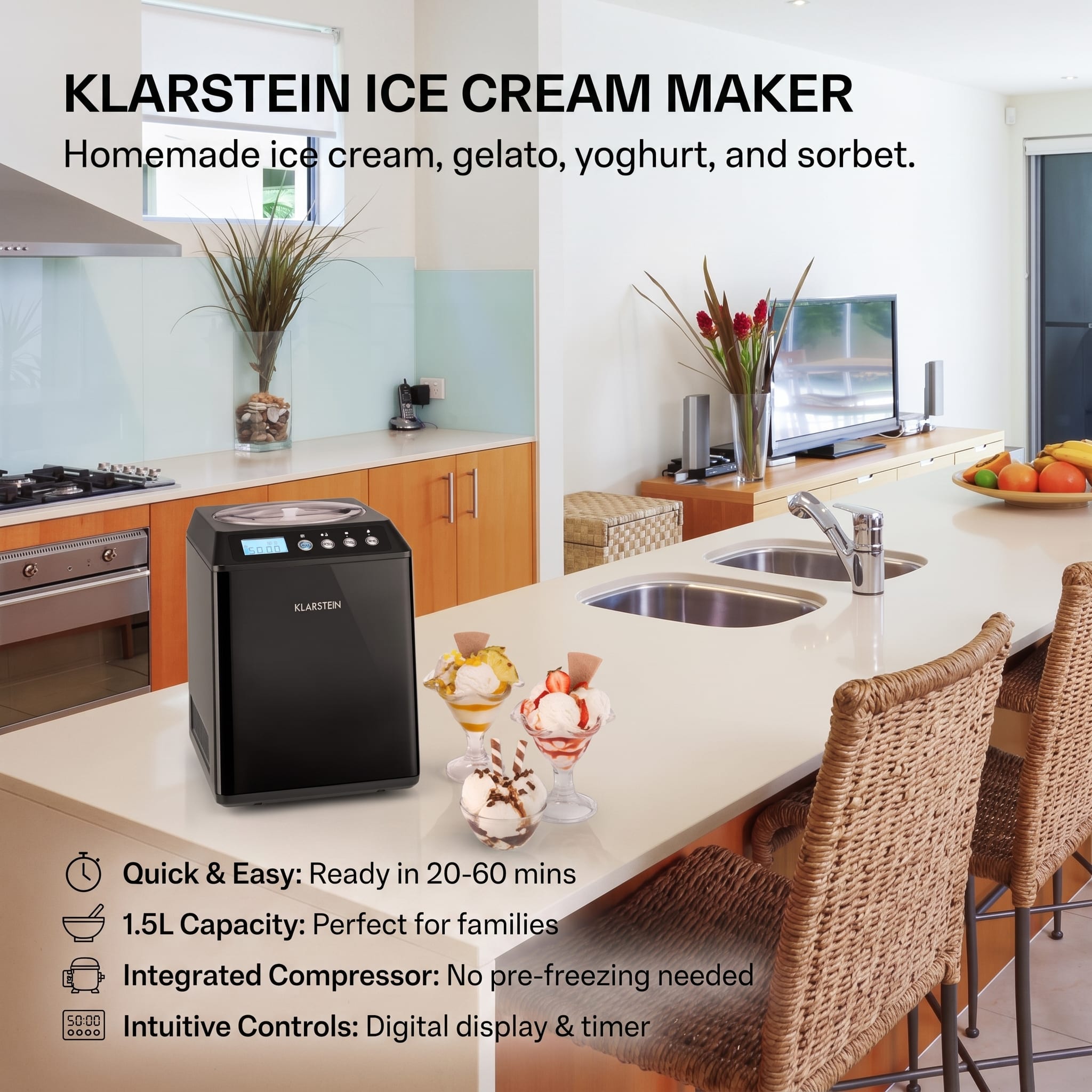 Klarstein Vanilly Sky Family, zmrzlinovač, výrobník zmrzliny a mrazeného jogurtu, 250 W, 2,5 l, čierny