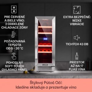 Klarstein Vinovilla Duo 17, dvojzónová vinotéka, 53 l, 17 fliaš, 3-farebné LED osvetlenie, sklenené dvierka