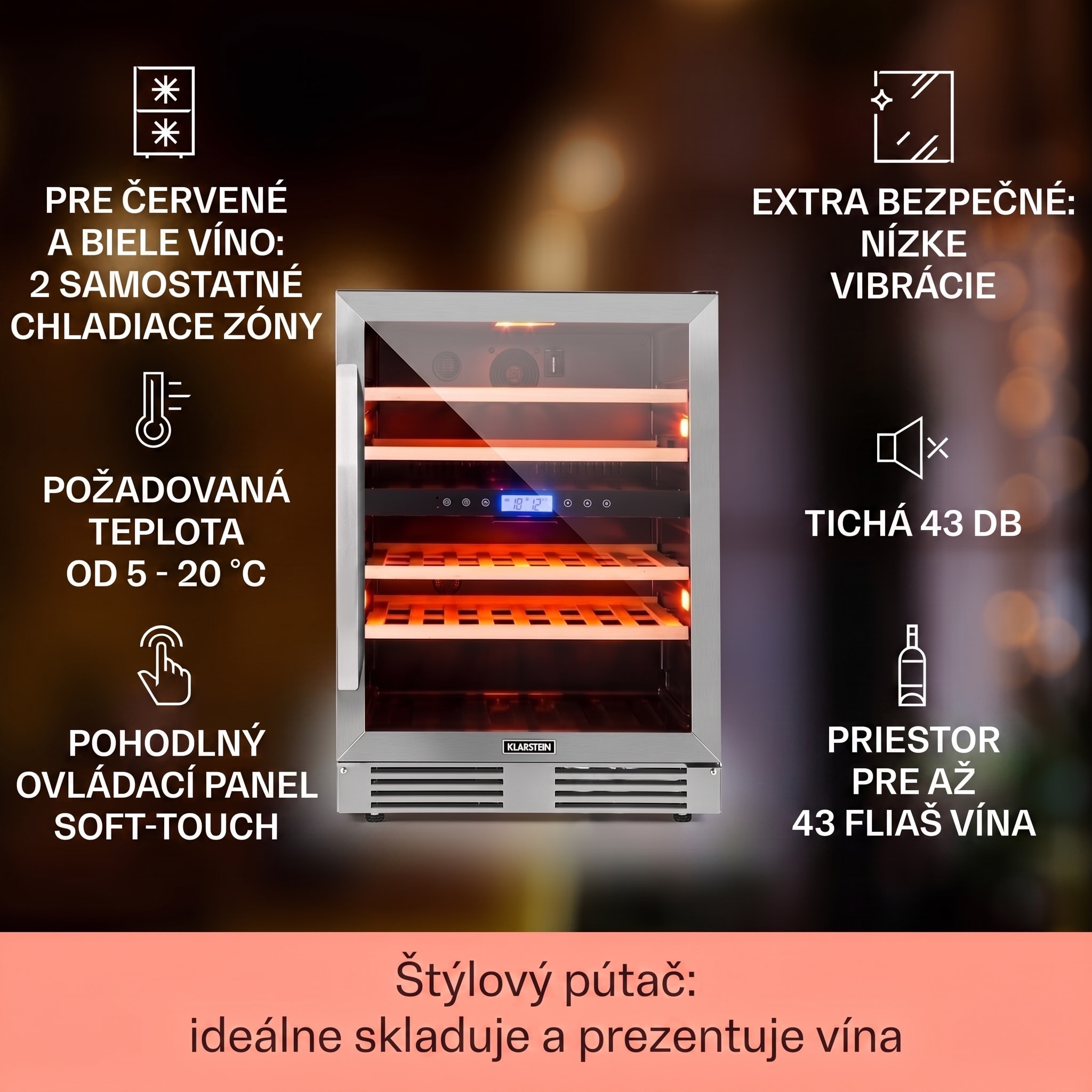 Klarstein Vinovilla Duo43, dvojzónová vinotéka, 129 l, 43 fliaš, 3-farebné LED osvetlenie, sklenené dvere