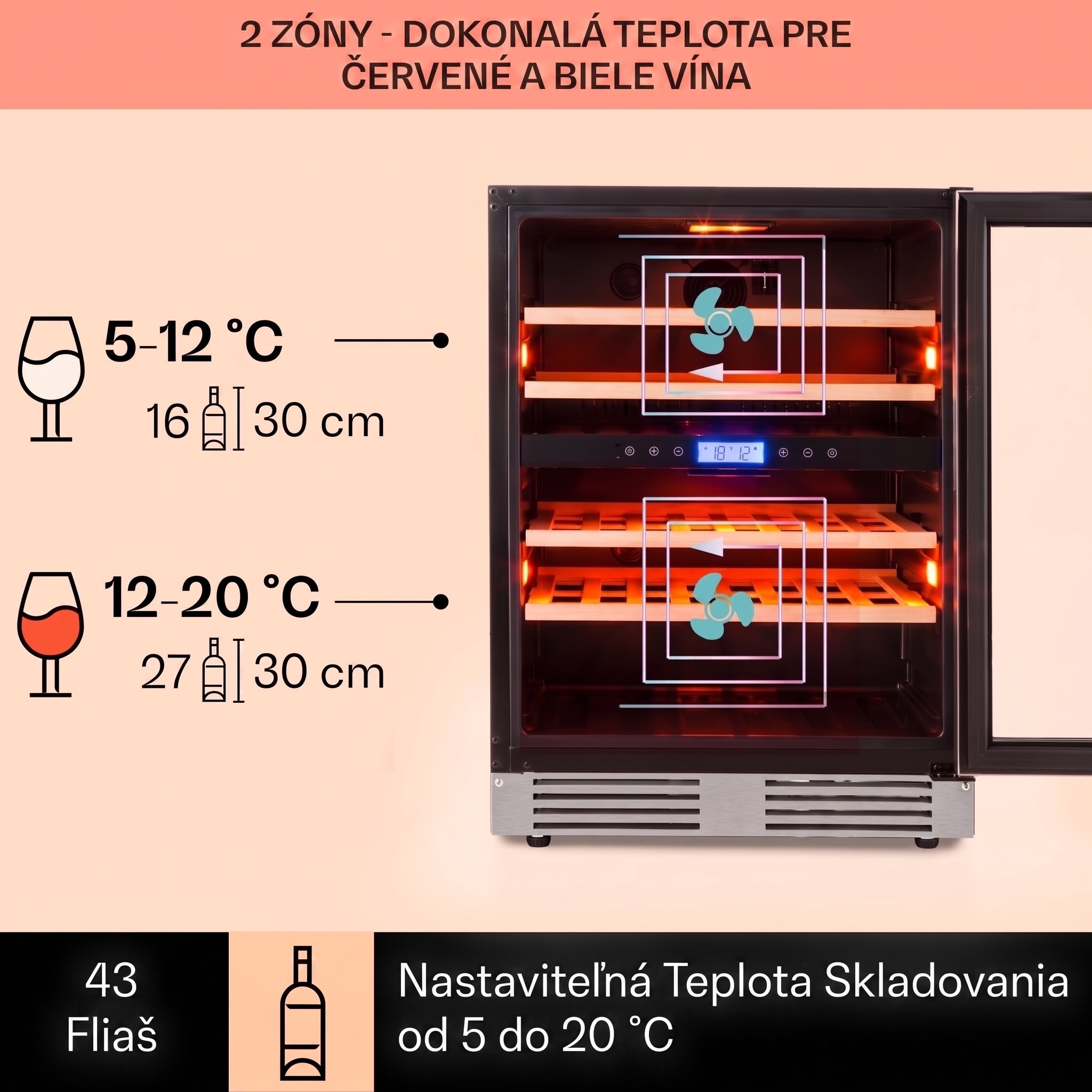 Klarstein Vinovilla Duo43, dvojzónová vinotéka, 129 l, 43 fliaš, 3-farebné LED osvetlenie, sklenené dvere – Obrázok 2