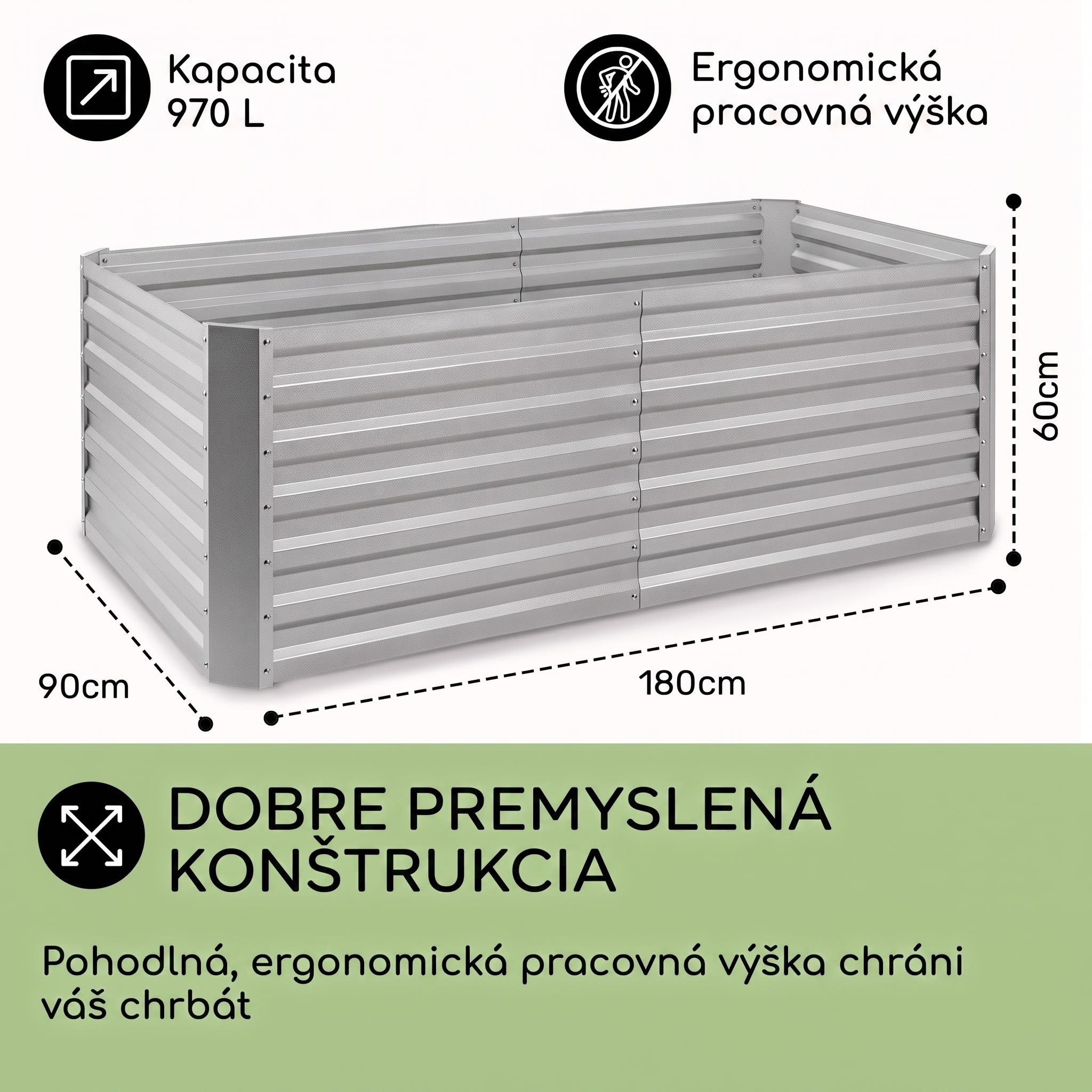 Blumfeldt High Grow Straight, vyvýšený záhon, 180 x 60 x 90 cm, 970 l, oceľ, pozinkovaný, strieborný – Obrázok 4