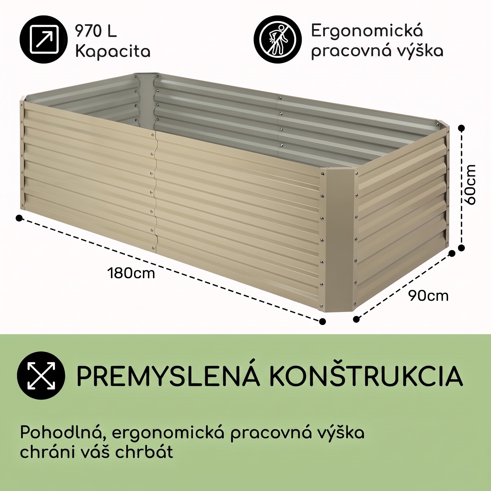 Blumfeldt High Grow Straight, vyvýšený záhon, 180 x 60 x 90 cm, 970 l, oceľ, pozinkovaný, béžový – Obrázok 4