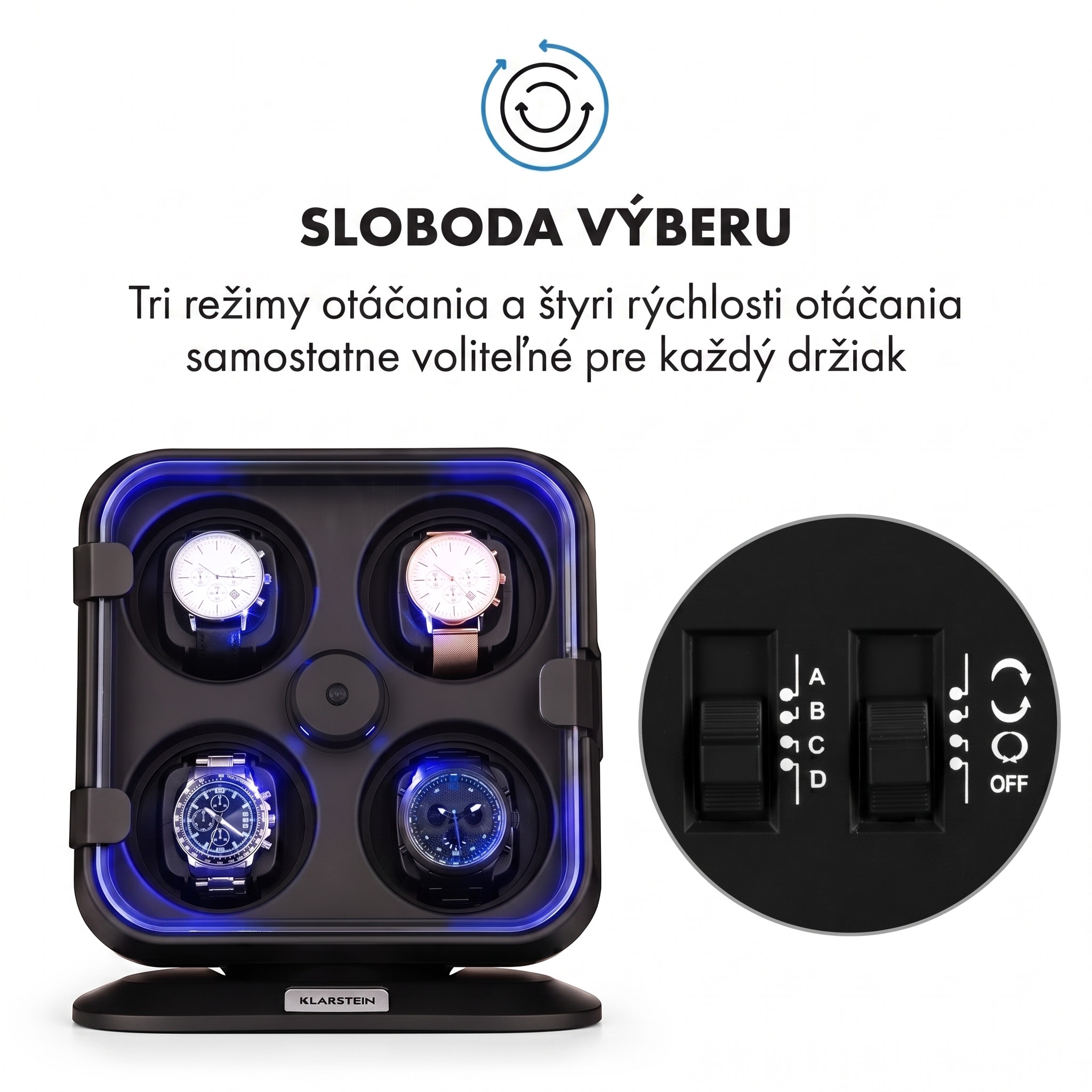 Klarstein Clover, naťahovač na hodinky, 4 hodiniek, 3 otáčania, 4 rýchlosti, modré LED osvetlenie, plastový kryt