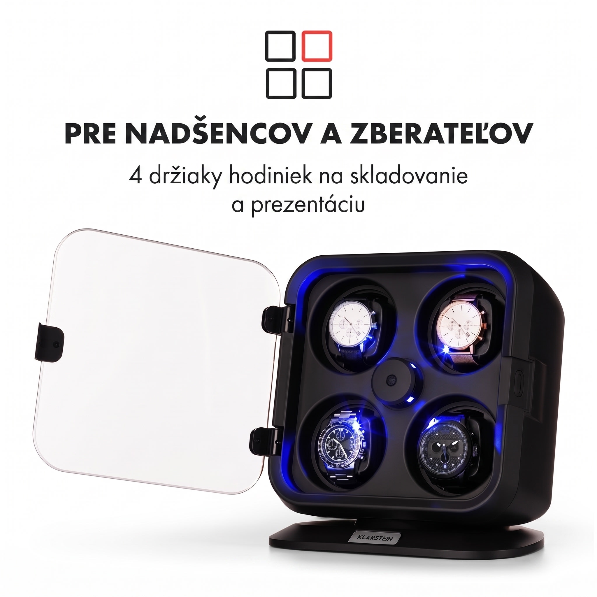 Klarstein Clover, naťahovač na hodinky, 4 hodiniek, 3 otáčania, 4 rýchlosti, modré LED osvetlenie, plastový kryt – Obrázok 2