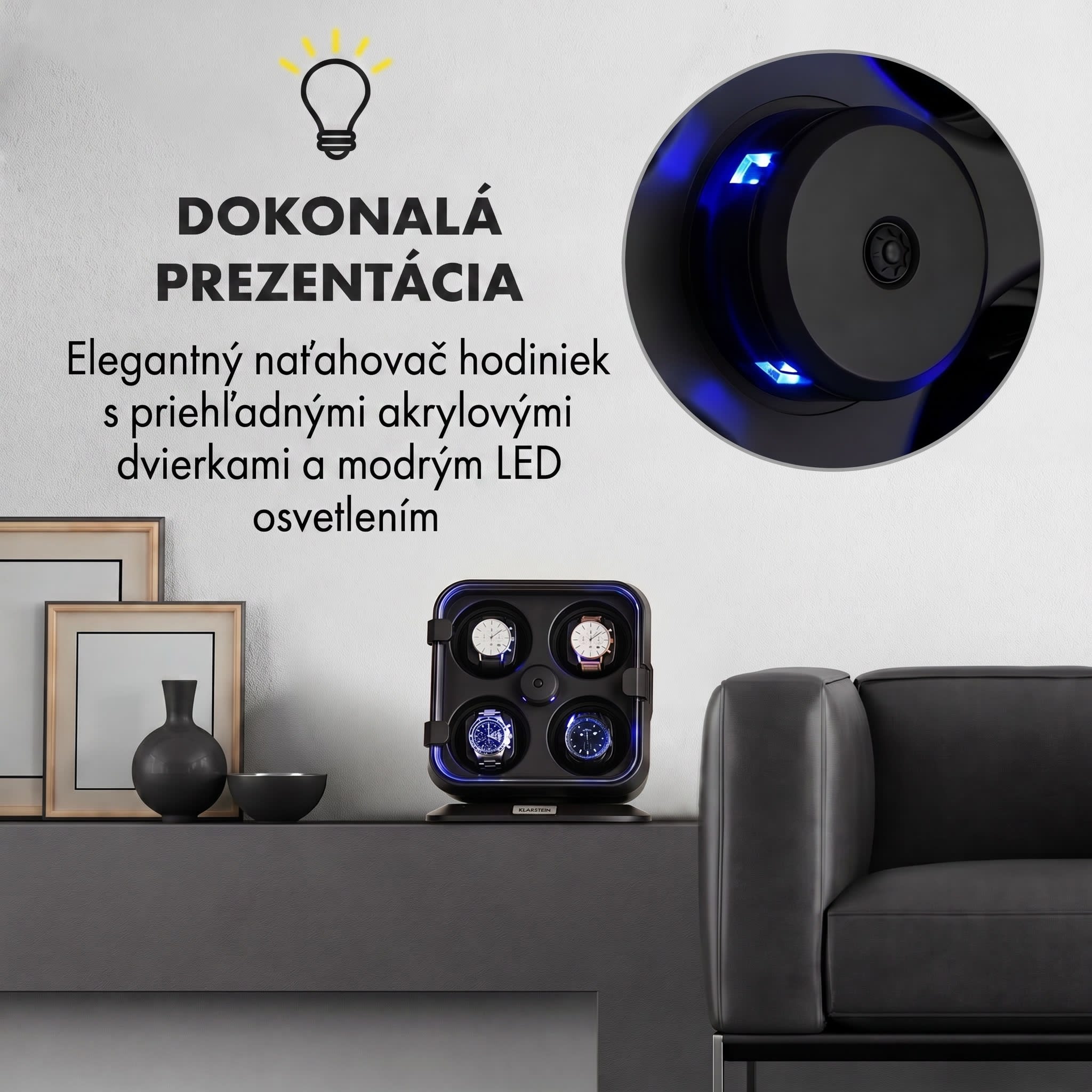 Klarstein Clover, naťahovač na hodinky, 4 hodiniek, 3 otáčania, 4 rýchlosti, modré LED osvetlenie, plastový kryt – Obrázok 4