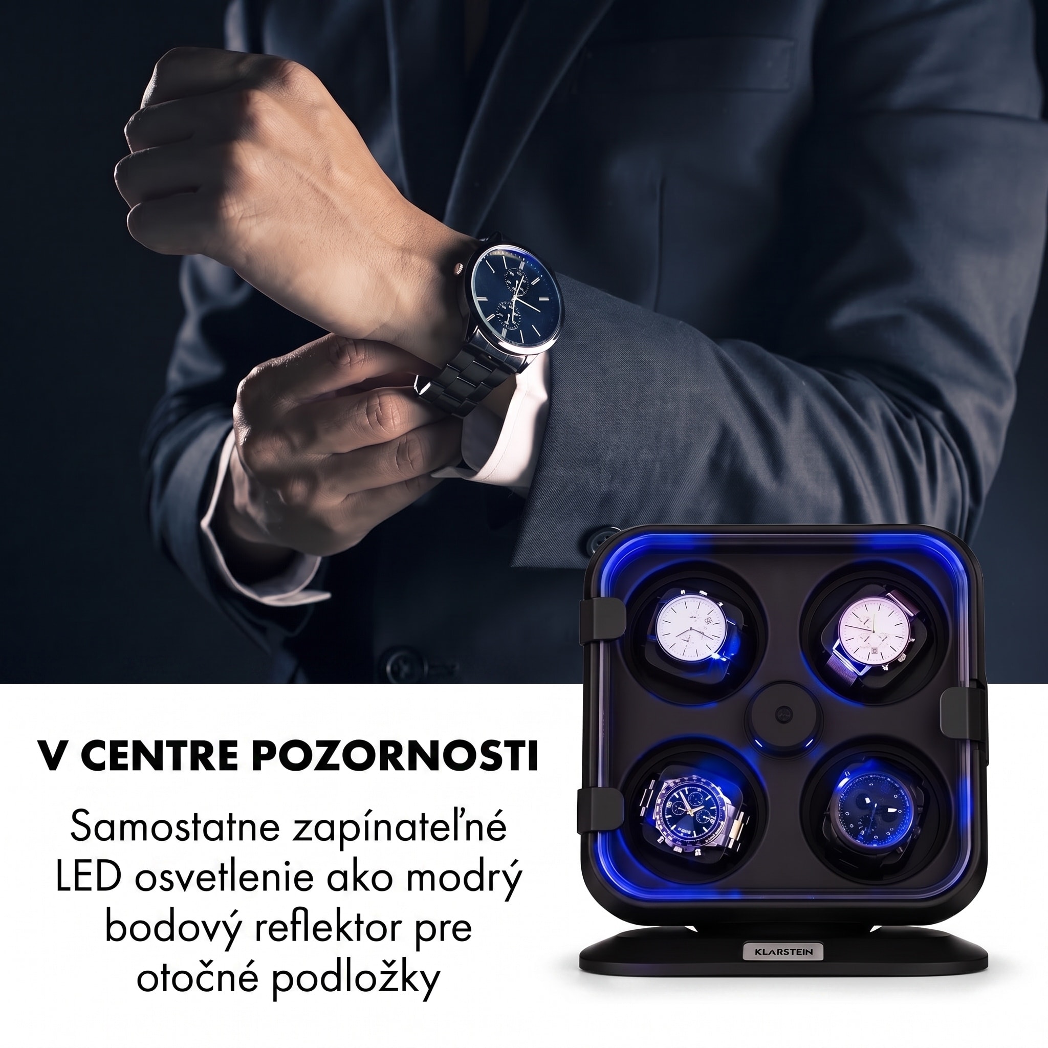 Klarstein Clover, naťahovač na hodinky, 4 hodiniek, 3 otáčania, 4 rýchlosti, modré LED osvetlenie, plastový kryt – Obrázok 5