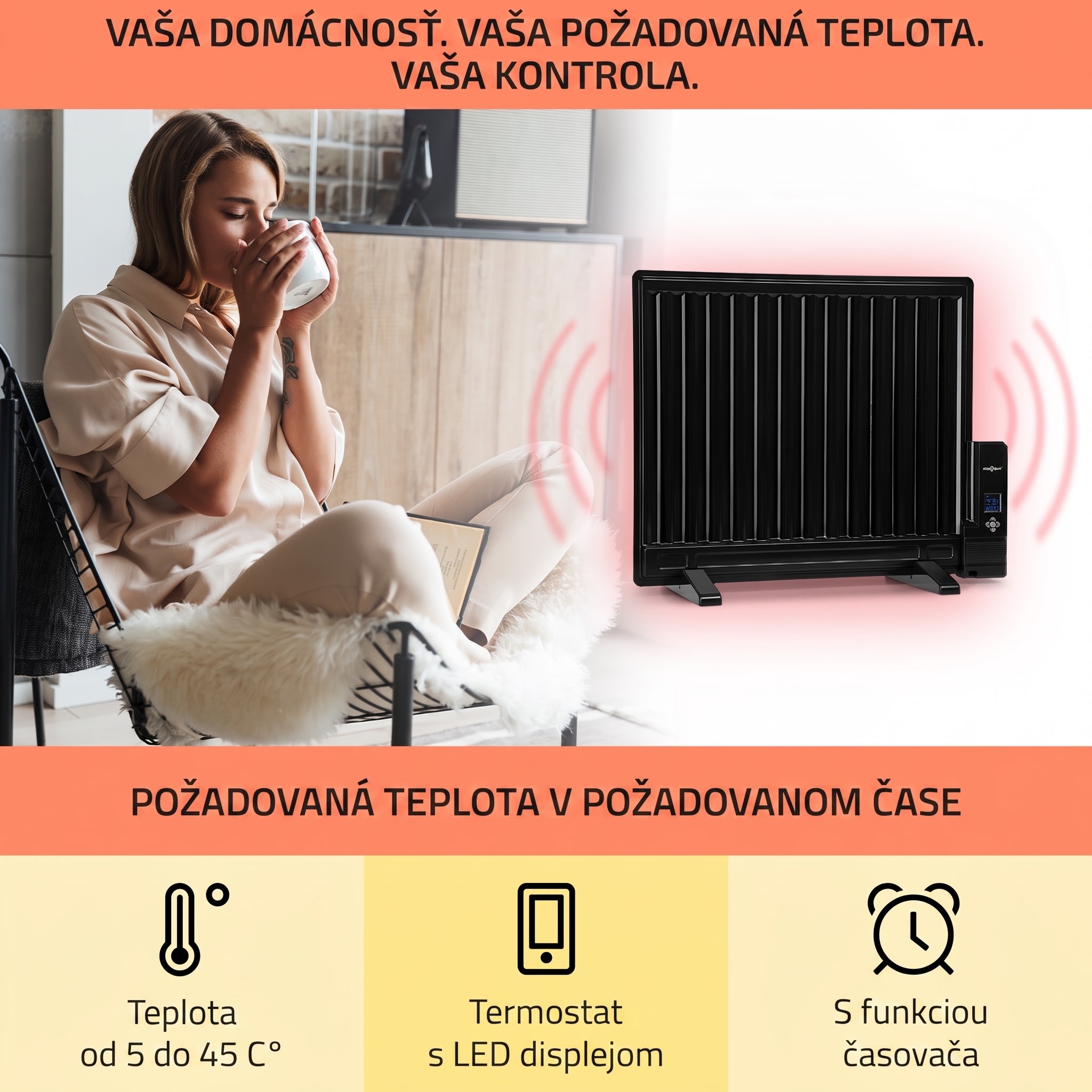 OneConcept Wallander, olejový radiátor, 600 W, termostat, olejové vyhrievanie, plochý dizajn, čierny – Obrázok 2