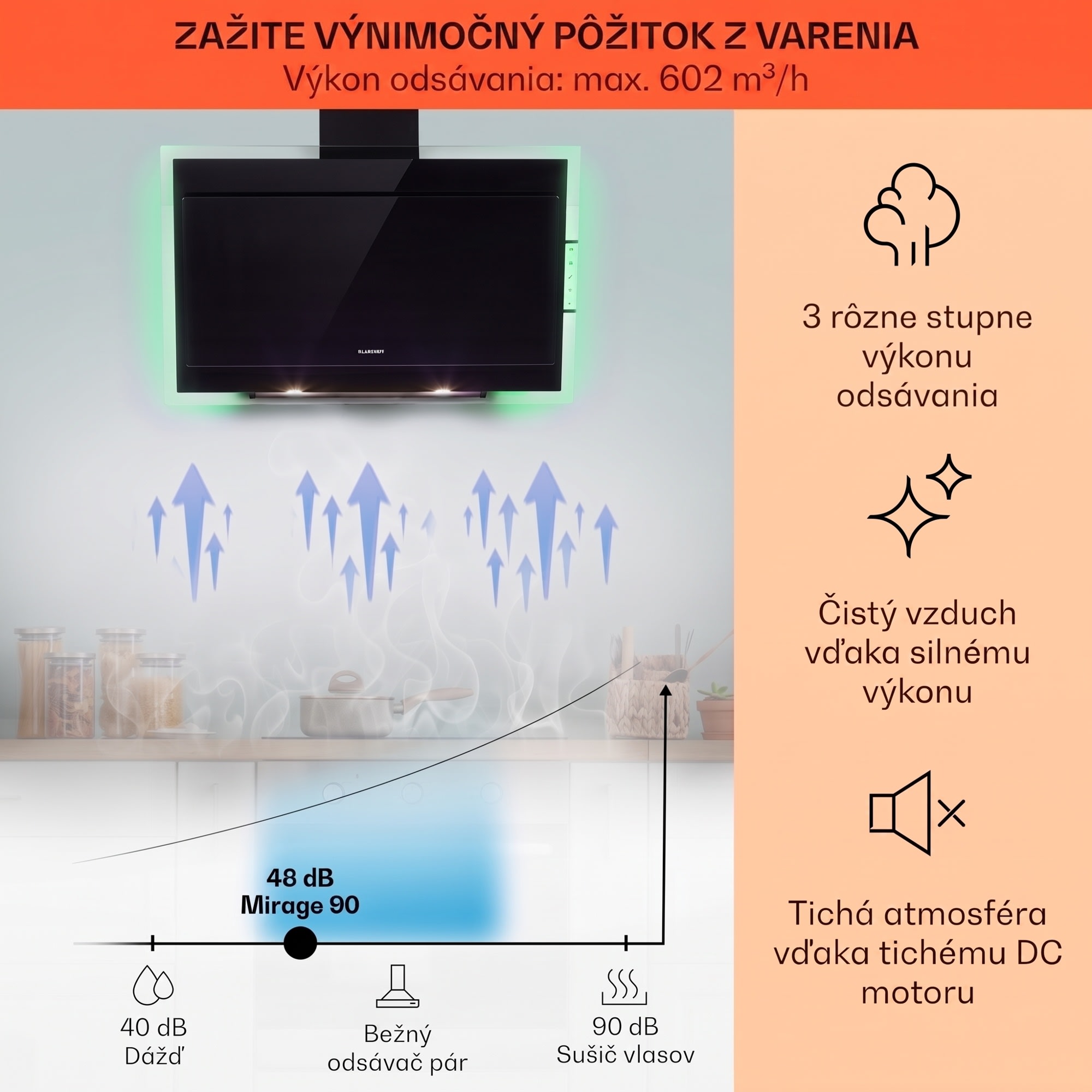 Klarstein Mirage 90, digestor, 90 cm, nástenný, 602 m³/h, A++, dotykový panel, RGB svetlo, čierny – Obrázok 2
