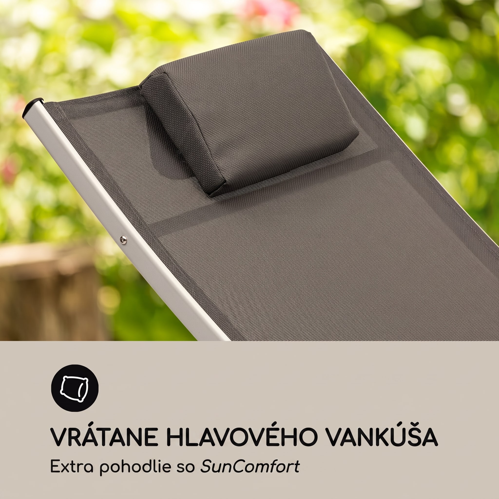 Blumfeldt Sun Valley skladacie záhradné lehátko s vankúšom, sivé – Obrázok 3