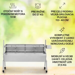 Klarstein Sauenland Pro gril na prasiatka s otočným ražňom 13W, 4 kolieska, nerezová oceľ