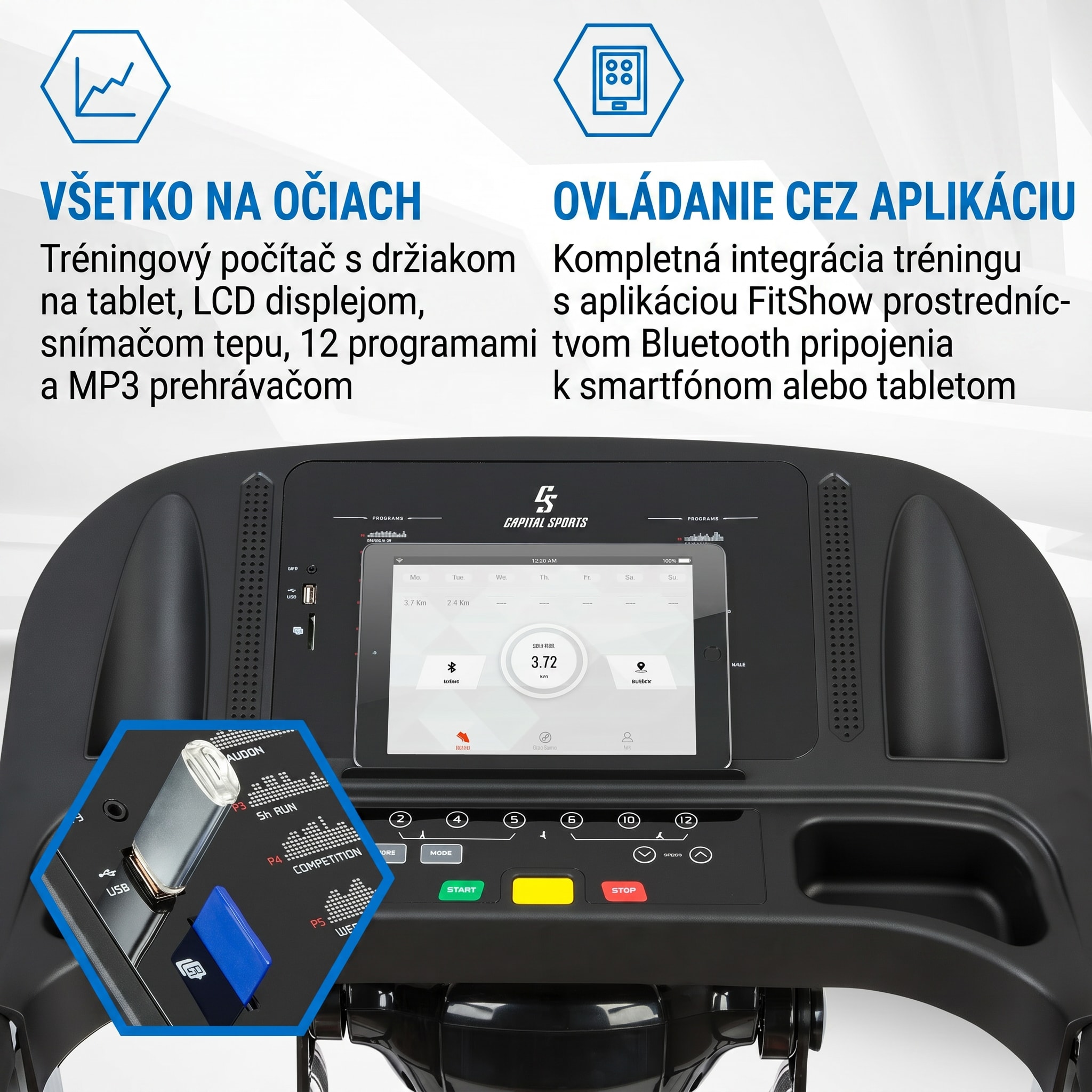Capital Sports Pacemaker F120 Pro, bežecký pás, 4P-AntiShock Suspension, masážna stanica – Obrázok 3
