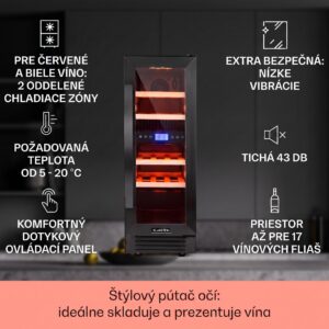 Klarstein Vinovilla 17 Built-in Duo Onyx Edition, dvojzónová vinotéka, 53 l, 17 fliaš, 3-farebné LED osvetlenie, sklenené dvere