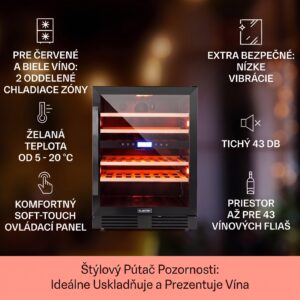Klarstein Vinovilla Onyx 43, dvojzónová vinotéka, 129 l, 43 fliaš, 3-farebné LED osvetlenie