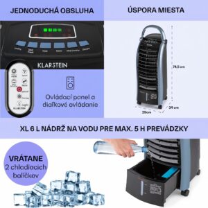 Klarstein Maxfresh, 3 v 1 ochladzovač vzduchu, ventilátor, 65 W, 6 l, diaľkový ovládač, 2 x chladiaci box