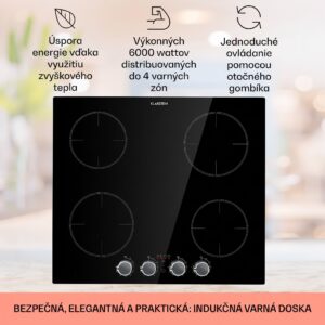 Klarstein Kochheld, indukčná varná doska, 6000 W, 4 zóny, otočné regulátory, sklo, čierna