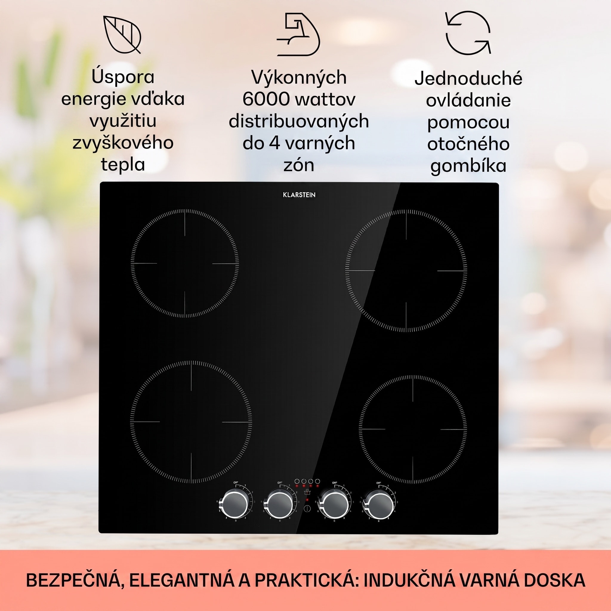 Klarstein Kochheld, indukčná varná doska, 6000 W, 4 zóny, otočné regulátory, sklo, čierna