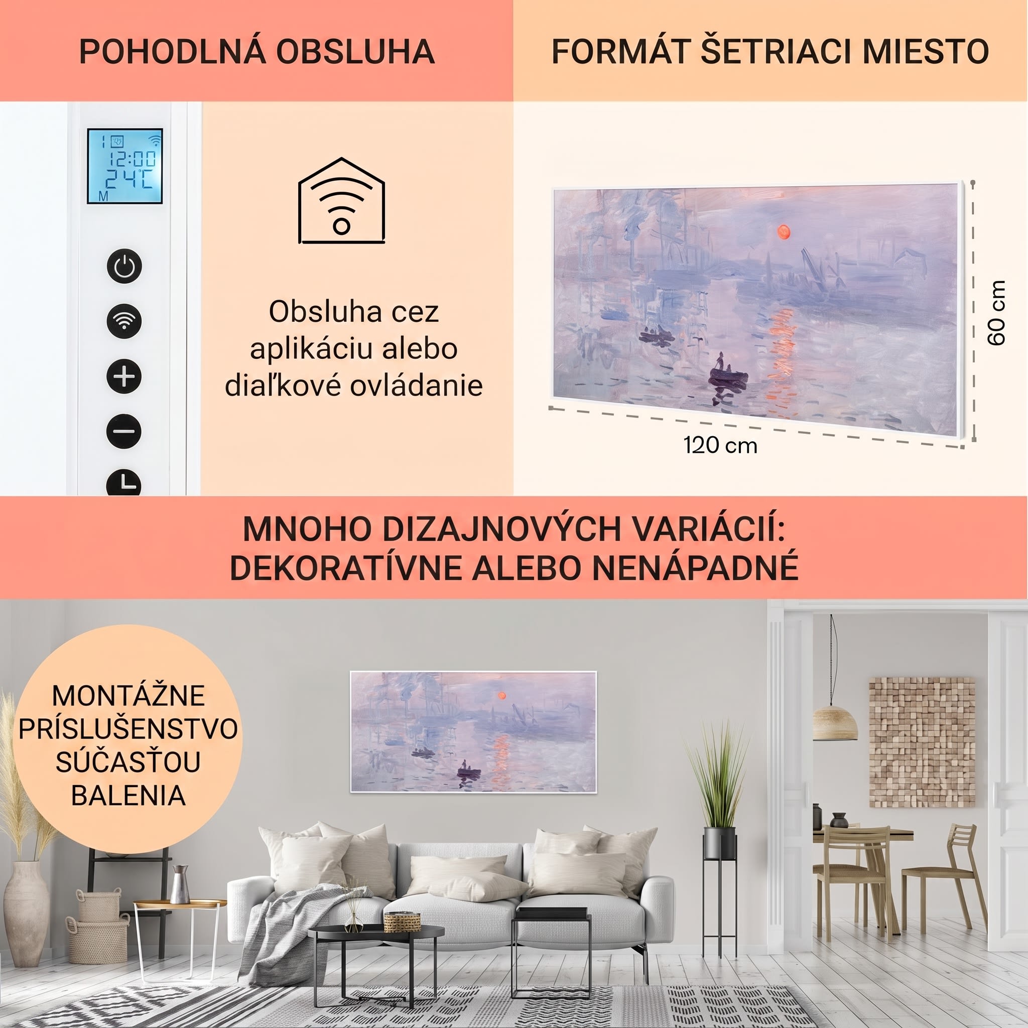 Klarstein Wonderwall Air Art Smart, infračervený ohrievač, 120 x 60 cm, 700 W, aplikácia, východ slnka – Obrázok 5